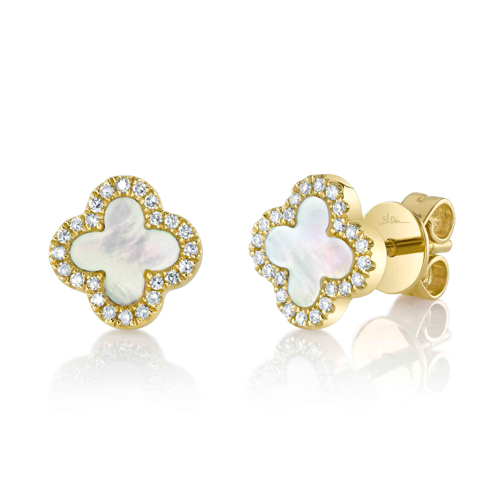 Shy Creation  MotherofPearl and 110ctw Diamond Clover Yellow Gold Stud Earrings