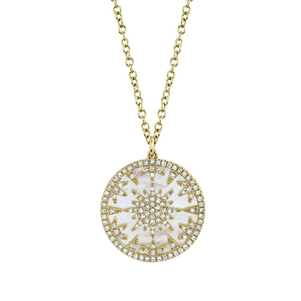 Shy Creation  MotherofPearl and 13ctw Diamond Yellow Gold Pendant Necklace