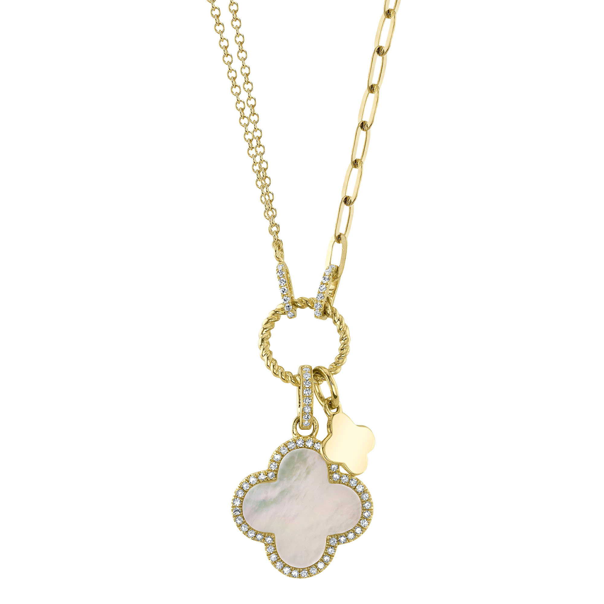 Shy Creation  MotherofPearl and 16ctw Diamond Clover Yellow Gold Necklace
