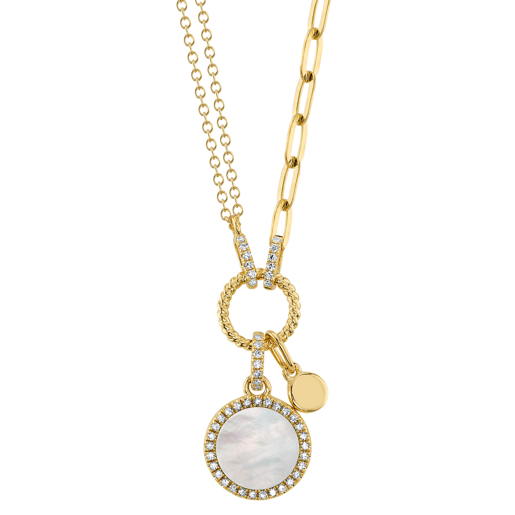 Shy Creation  MotherofPearl and 18ctw Diamond Circle Yellow Gold Necklace