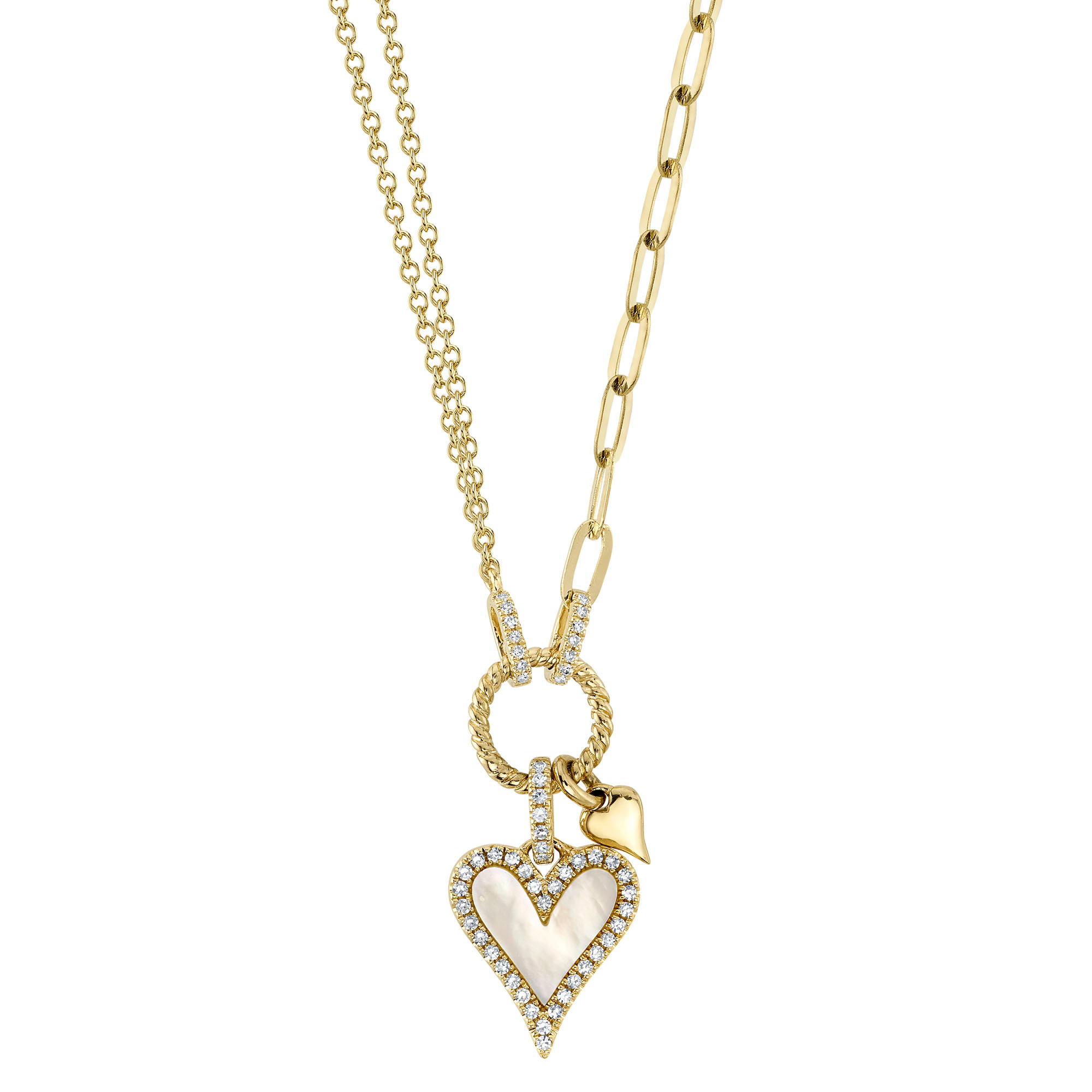 Shy Creation  MotherofPearl and 18ctw Diamond Heart Yellow Gold Necklace