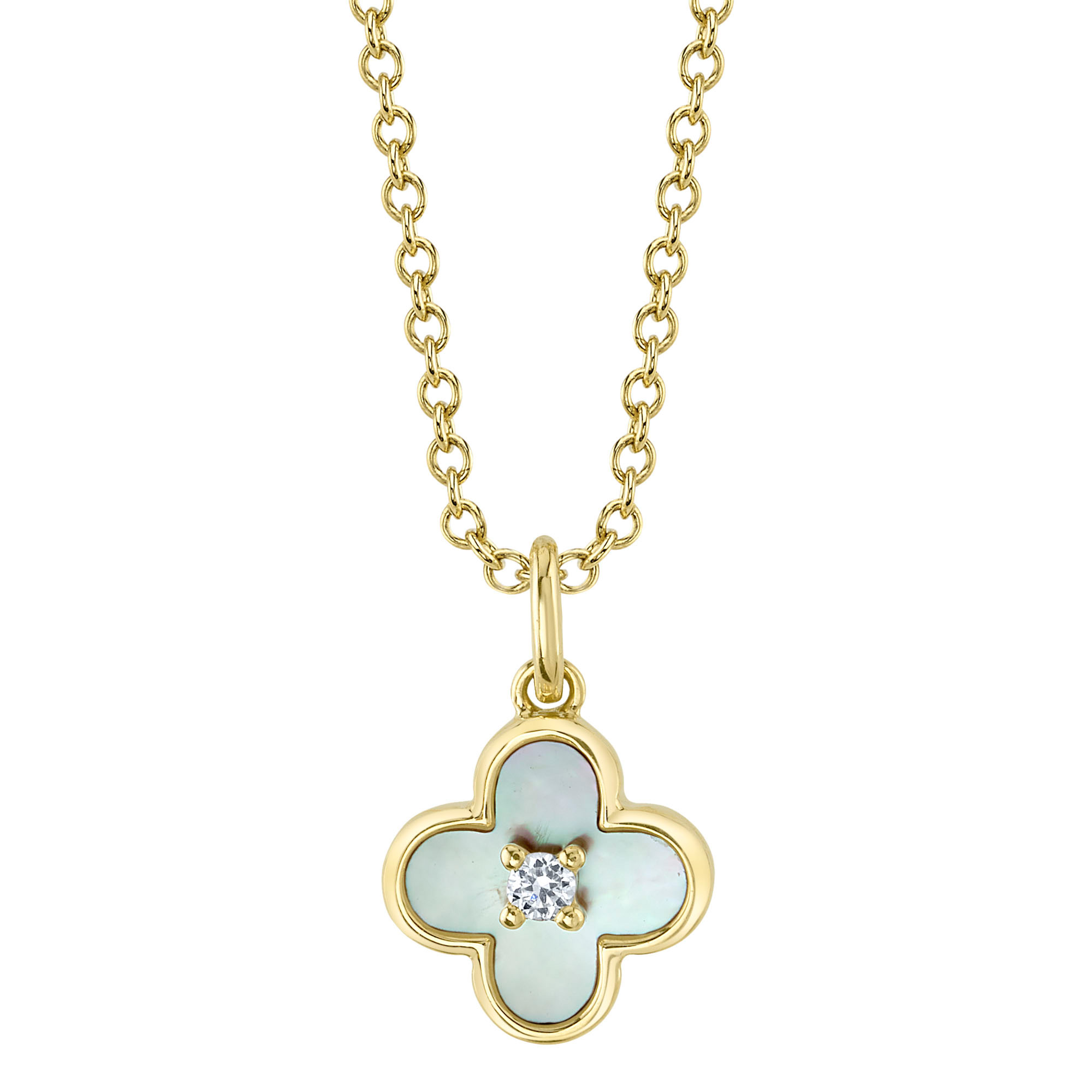Shy Creation  MotherofPearl and Diamond Accent Clover Yellow Gold Pendant Necklace