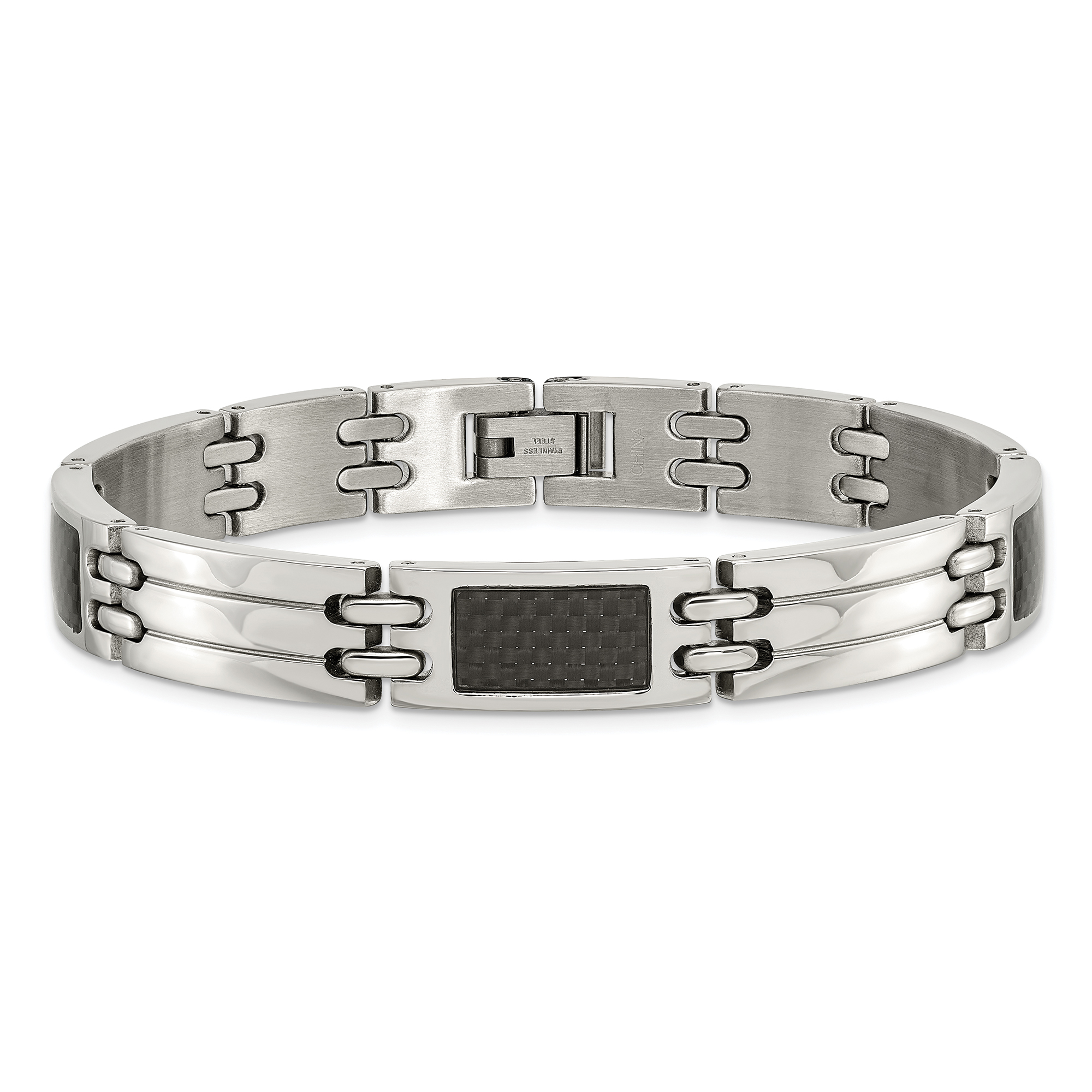 Stainless Steel and Black Carbon Fiber Inlay Link Bracelet | 8mm | 8.5 Inches | Men's