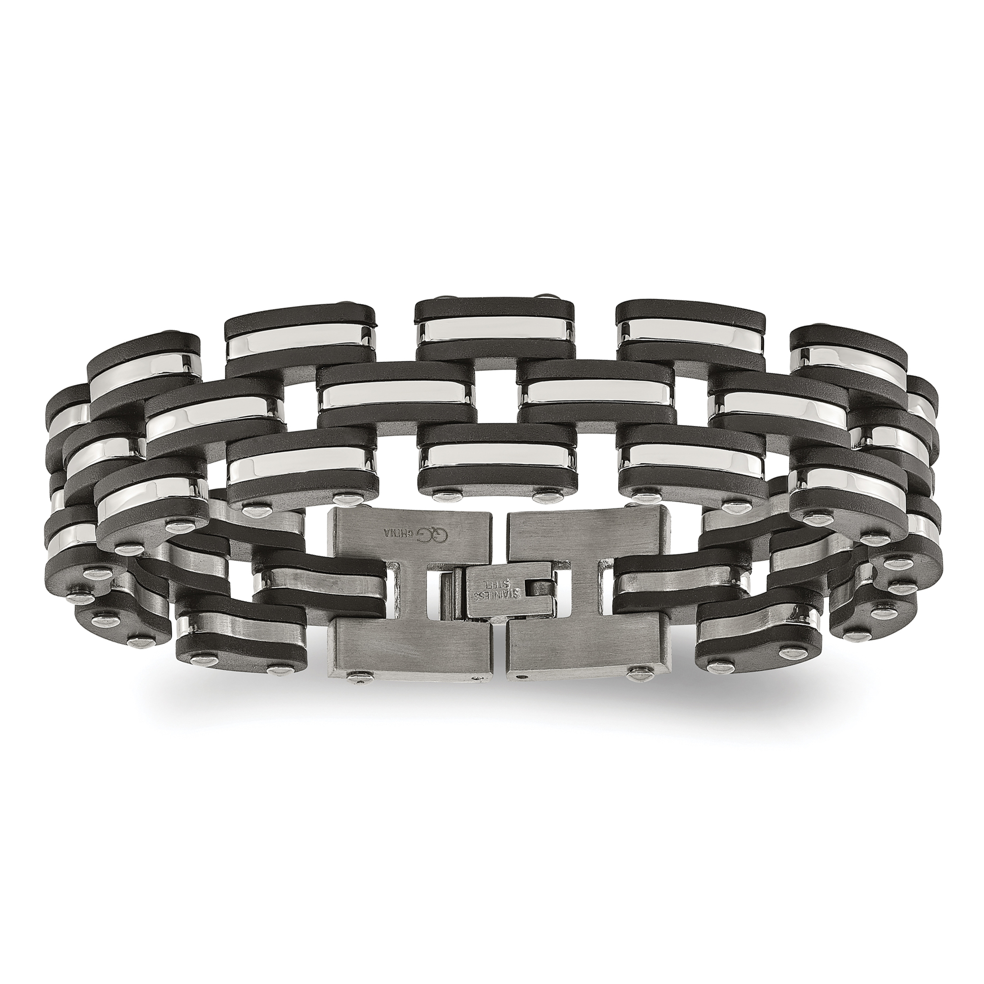 Stainless Steel and Black Rubber Link Bracelet | 16.5mm | 8 Inche
