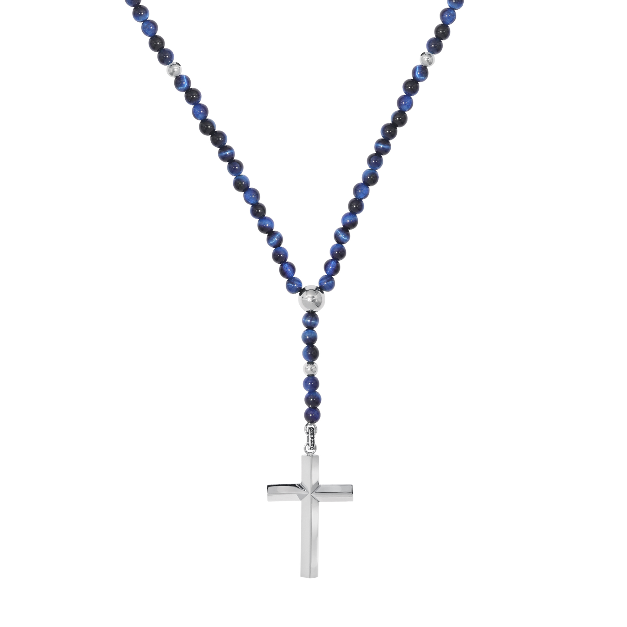 Stainless Steel Blue Tiger Eye Cross Rosary Necklace | 24 Inches 