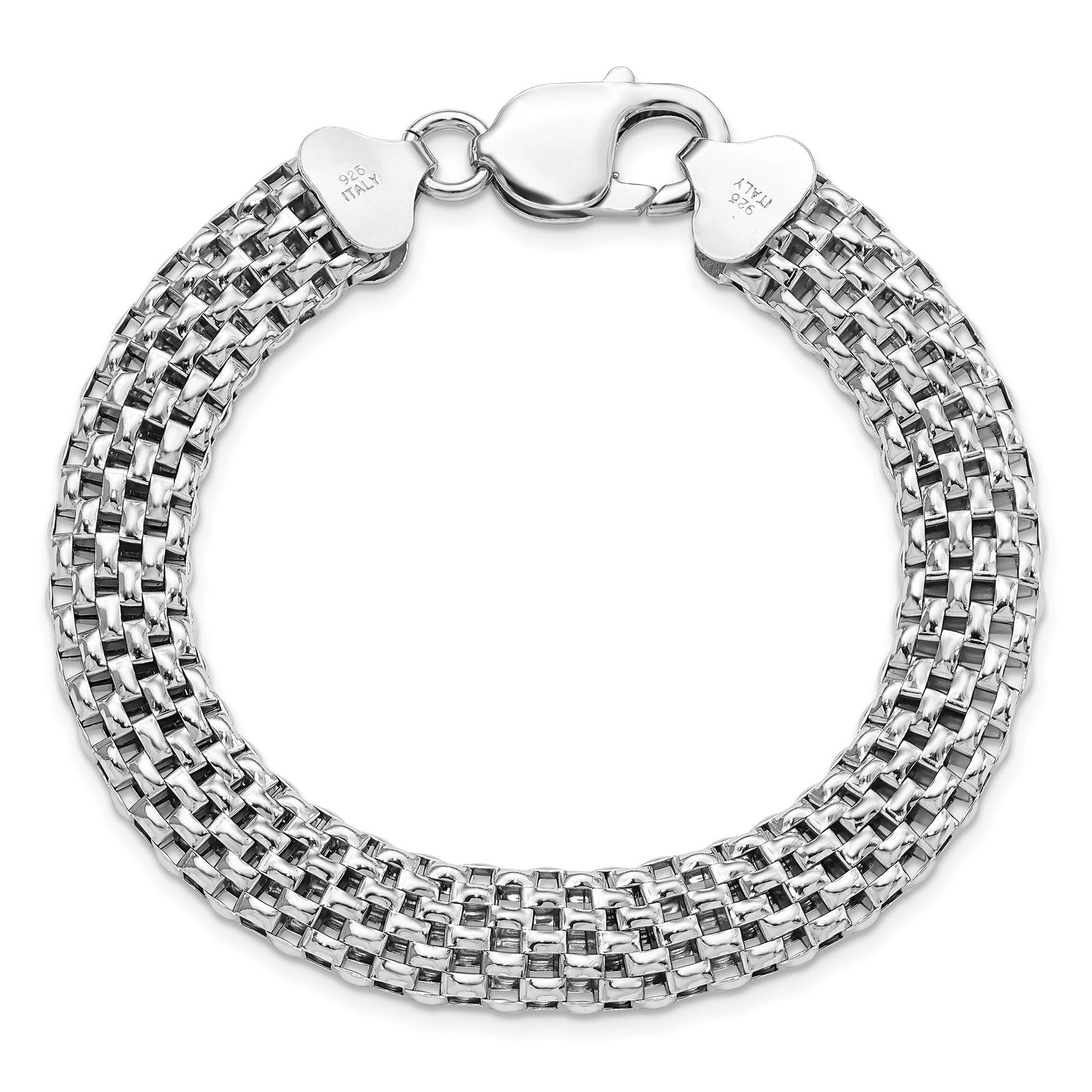 Sterling Silver and Rhodium-Plated Hollow Mesh Chain Bracelet | 7