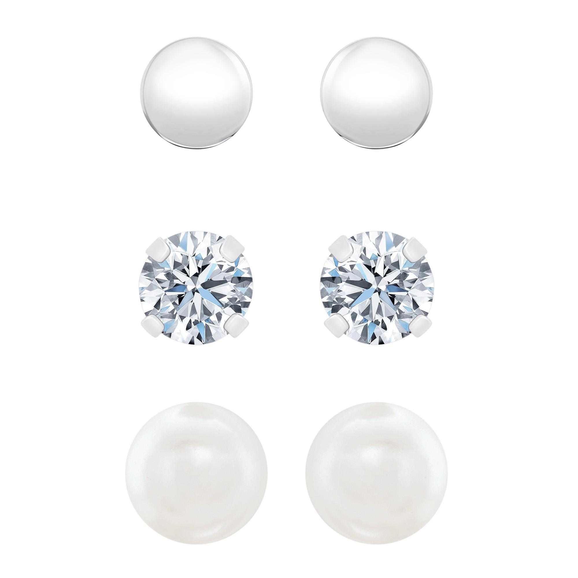 Sterling Silver Cubic Zirconia, Synthetic Pearl, and Ball Stud Ea