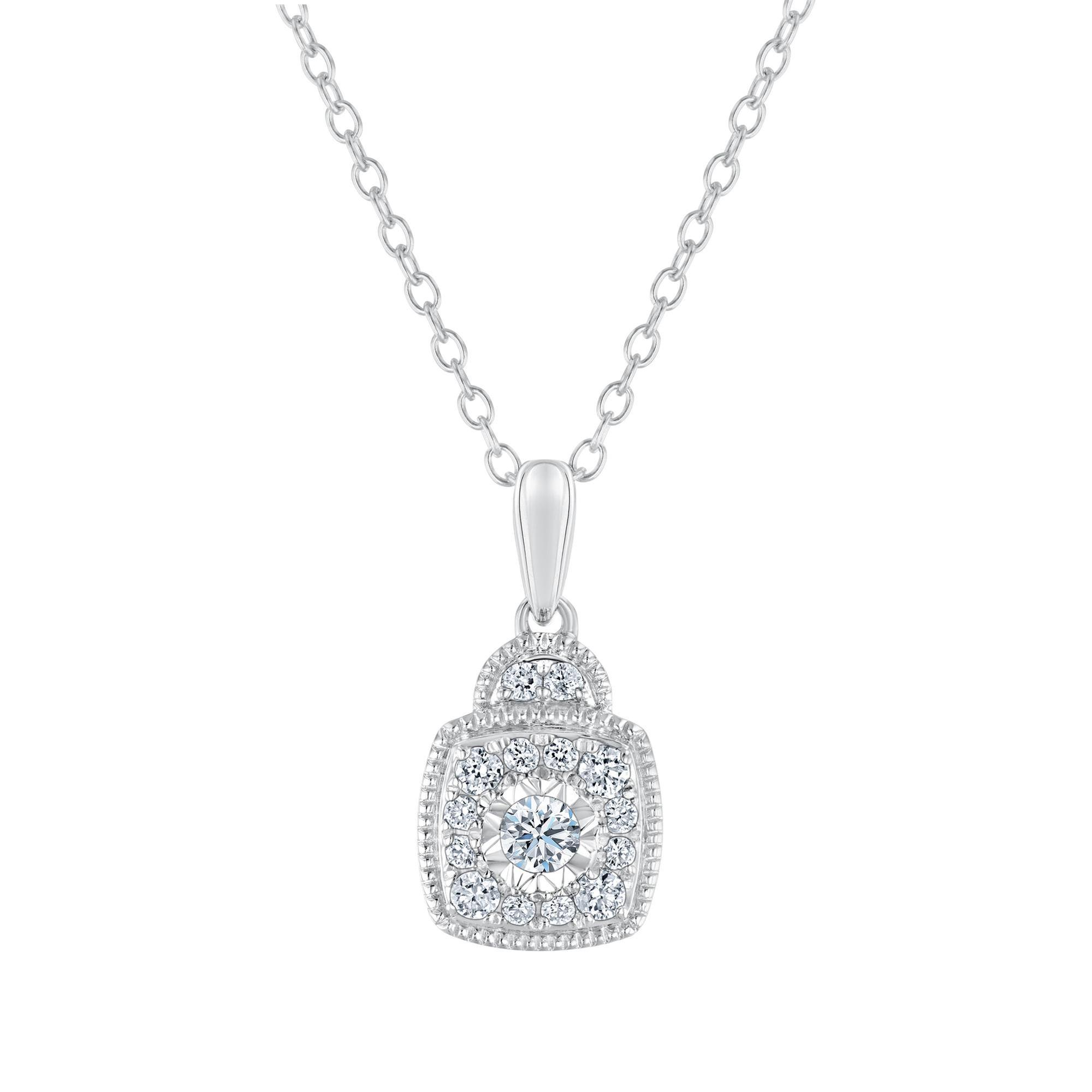 Sterling Silver Cushion Frame Round Diamond Cluster Pendant Necklace 1/4ctw