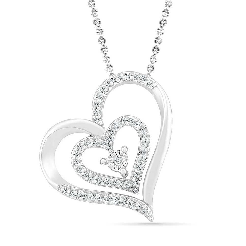 Sterling Silver Diamond Tilted Double Heart Pendant Necklace 1/6ctw