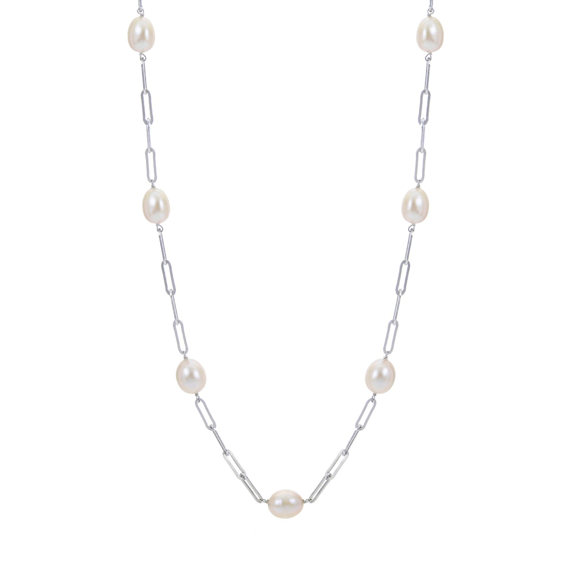 Sterling Silver Freshwater Cultured Pearl Paperclip Chain Necklac