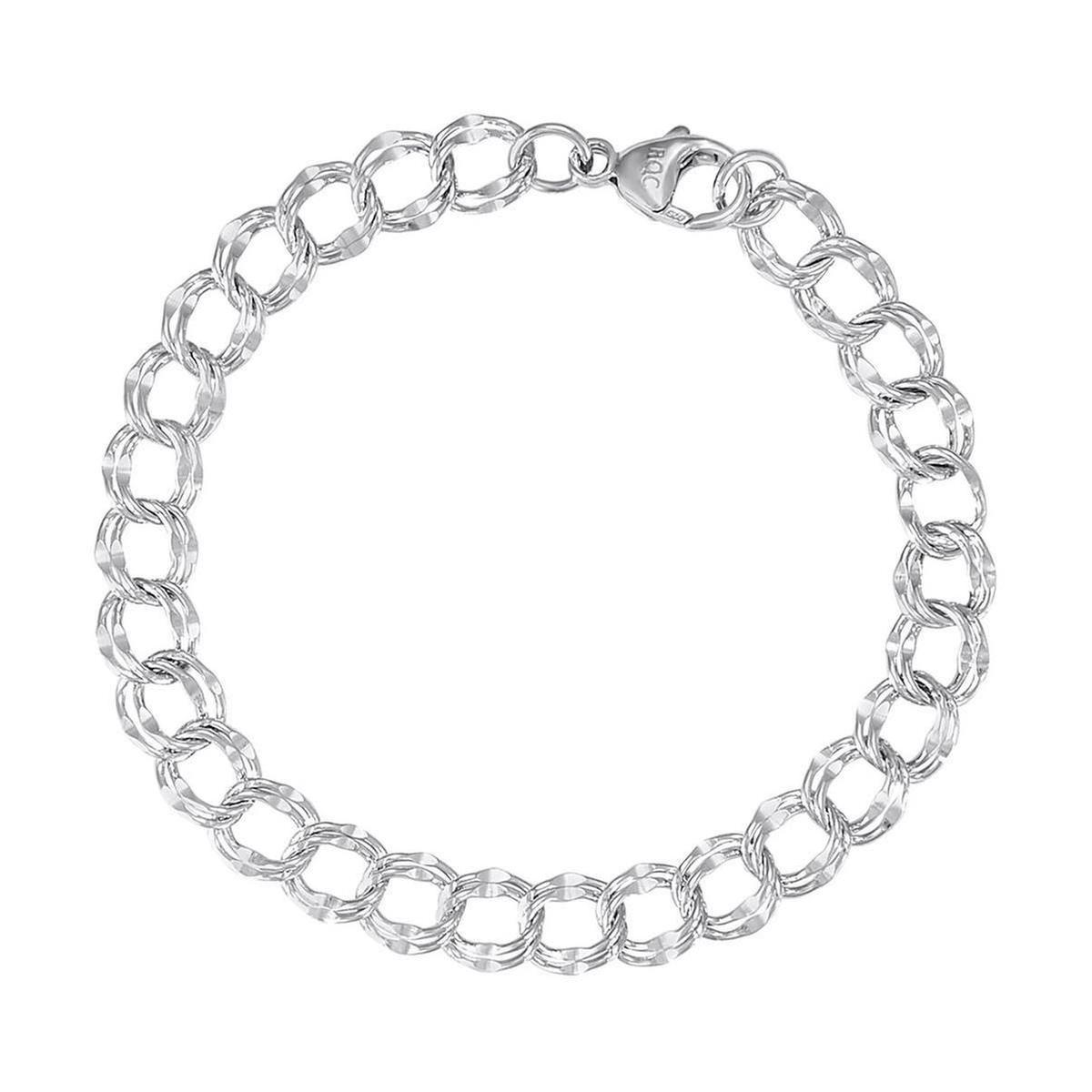 Sterling Silver Large Double Link Dapped Curb Classic Charm Bracelet, 8 Inches