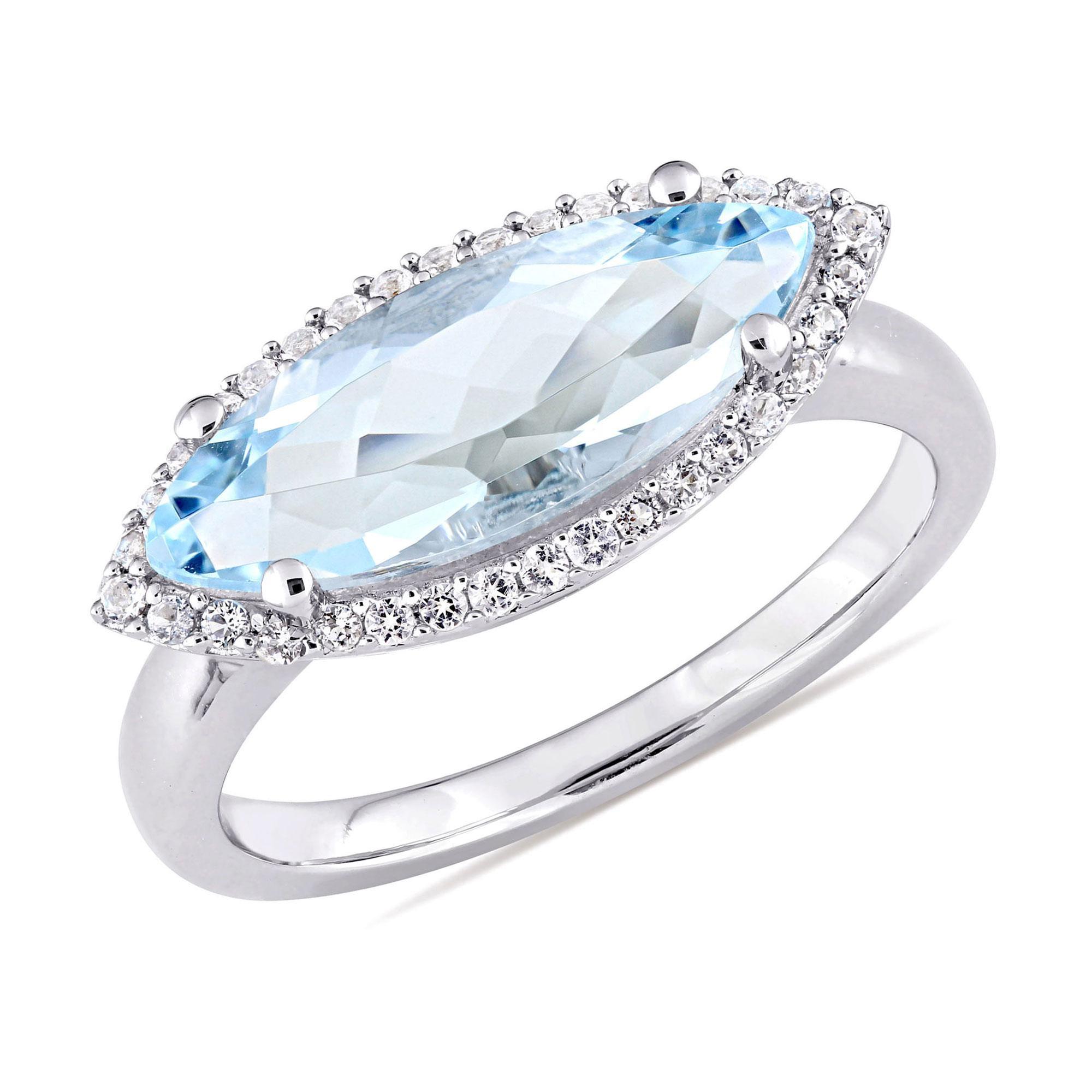 Sterling Silver Marquise Shape Blue Topaz and White Topaz Halo Ring- Size 6