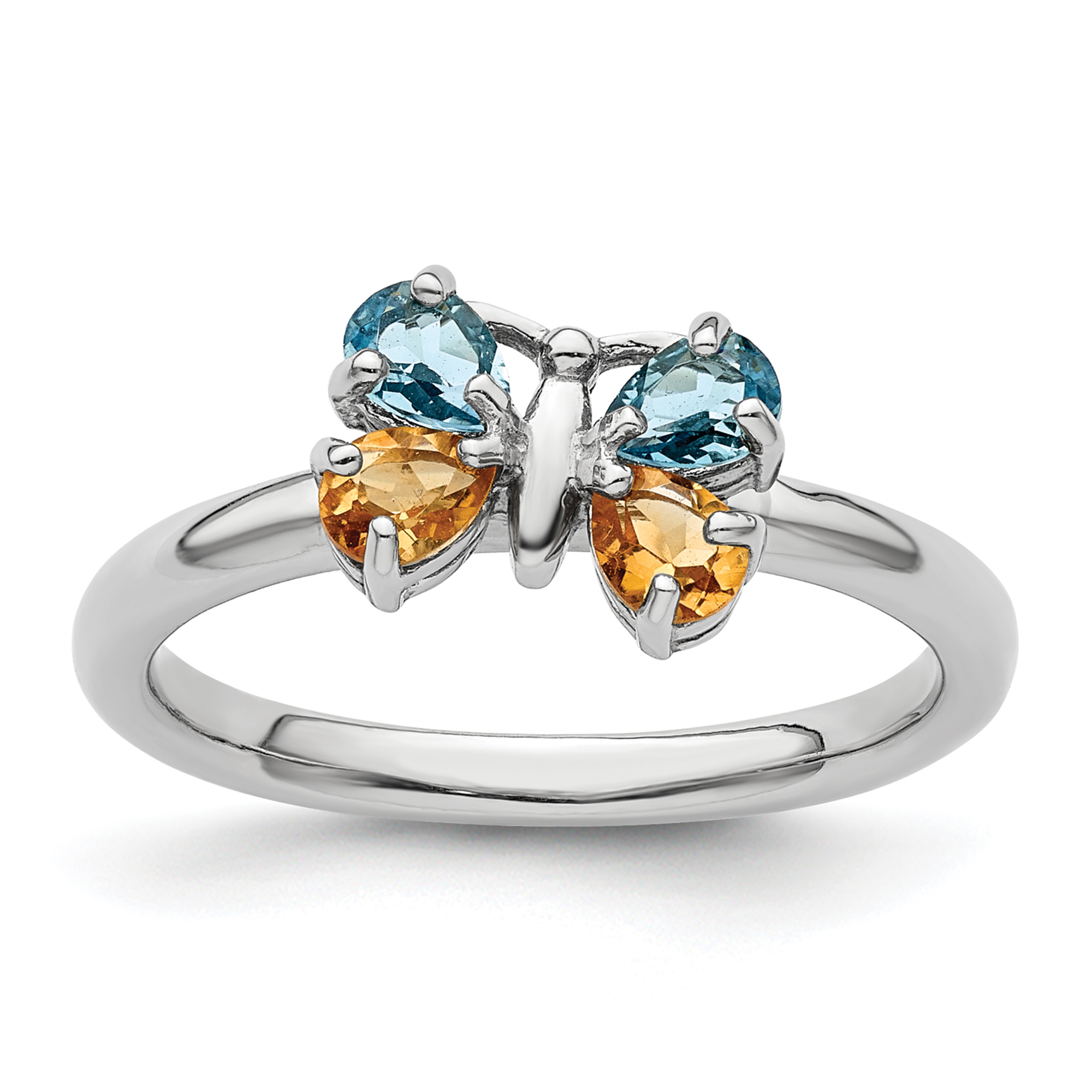 Swiss Blue Topaz and Citrine Butterfly Sterling Silver Stackable Ring | Size 8