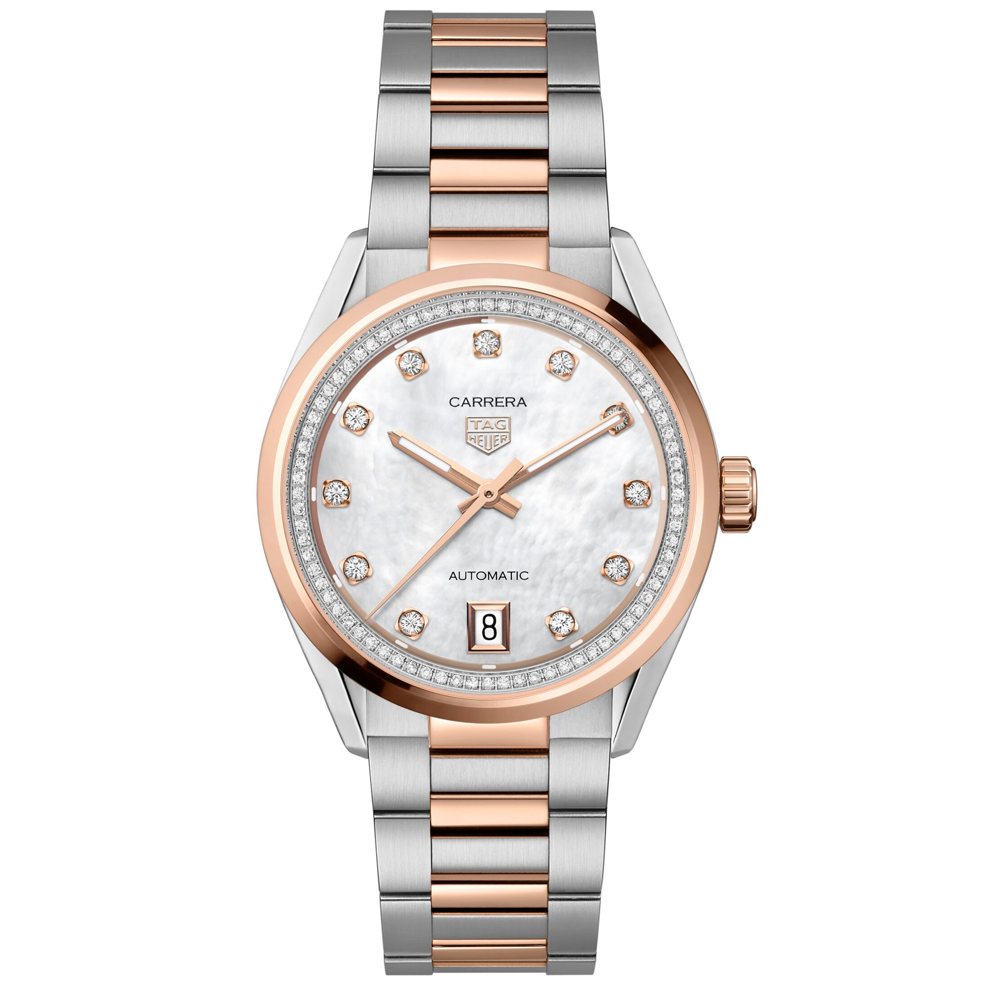 Tag Heuer  CARRERA Date Automatic Diamond MotherofPearl Dial TwoTone Watch 36mm  WBN2351BD0000