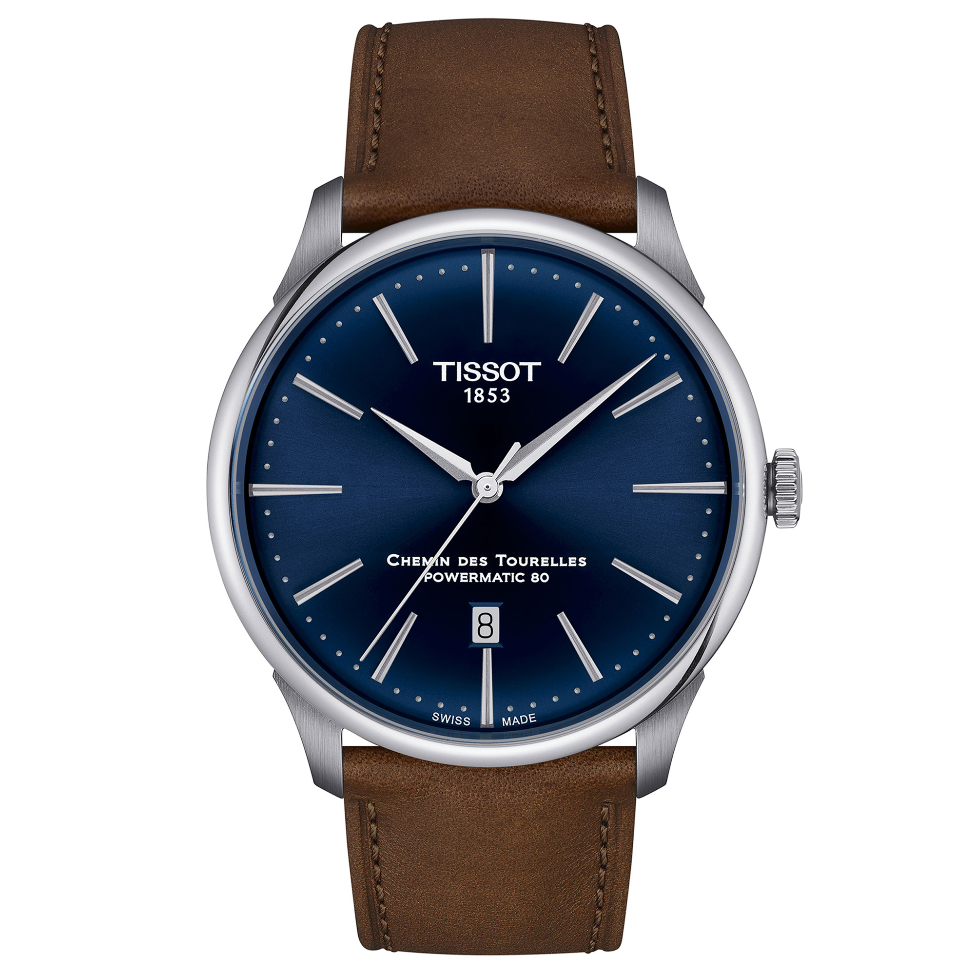 Tissot Chemin des Tourelles Powermatic 80 Blue Dial Brown Leather Strap Watch 42mm - T1394071604100 875$