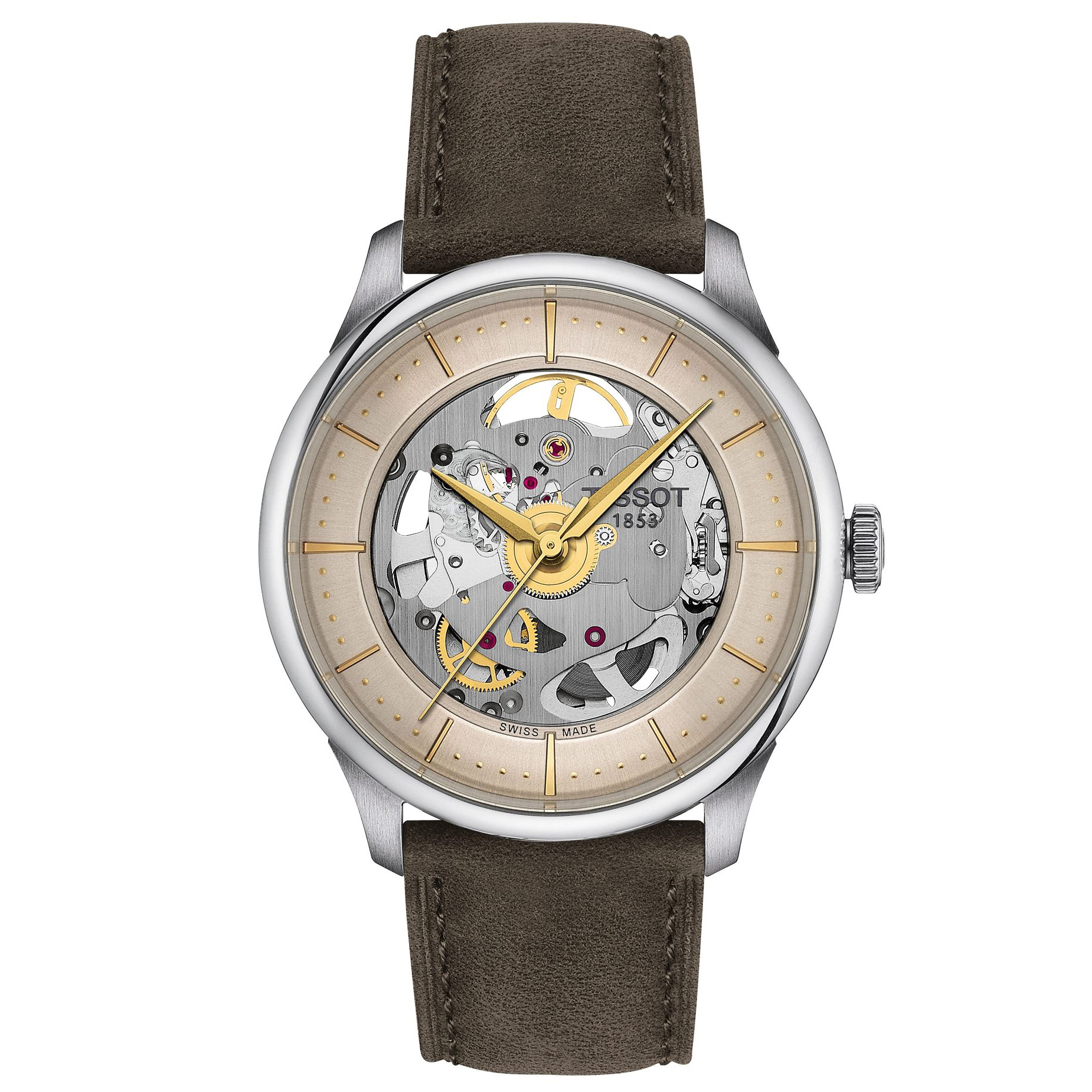 Tissot  Chemin Des Tourelles Skeleton Ivory Dial Green Leather Strap Watch 39mm - T1398361626100