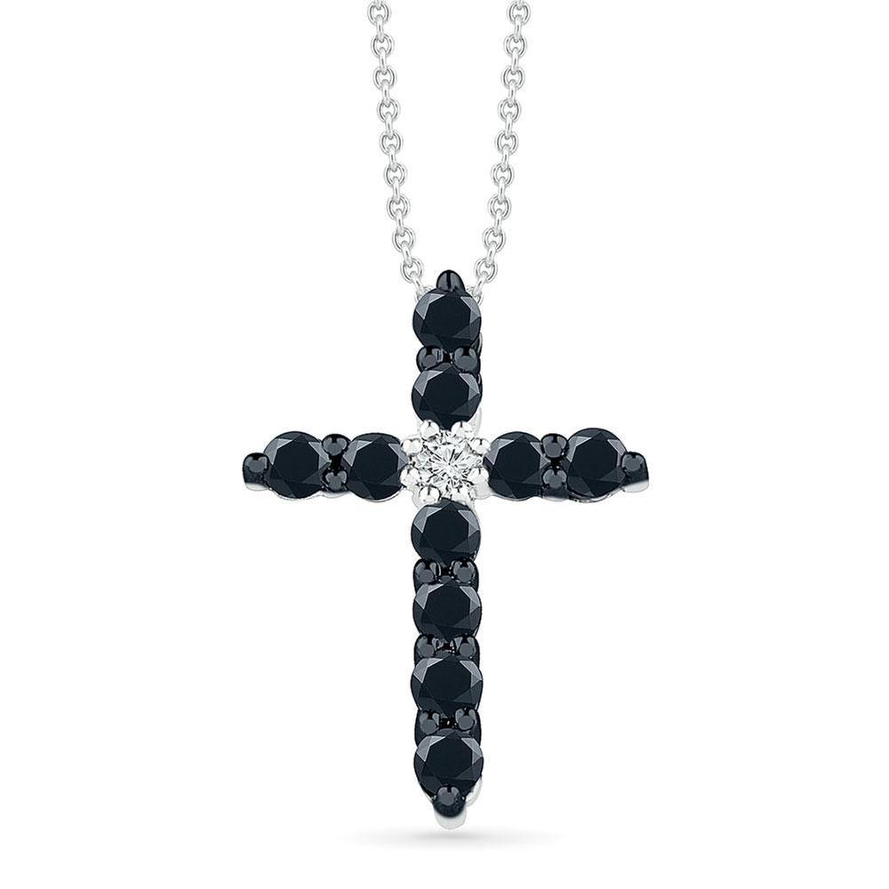 Treated Black Diamond and Diamond Cross Pendant Necklace 1/3ctw