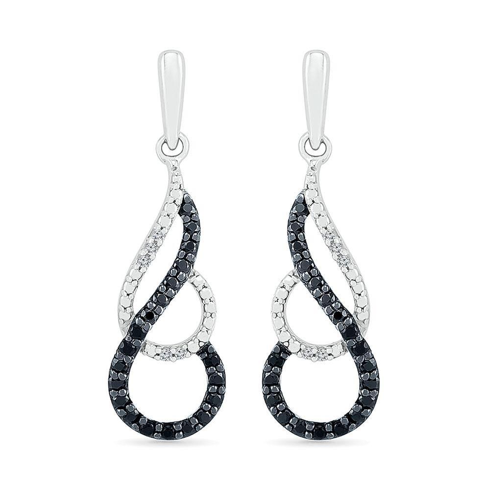 Treated Black Diamond and Diamond Swirl Drop Earrings 1/5ctw