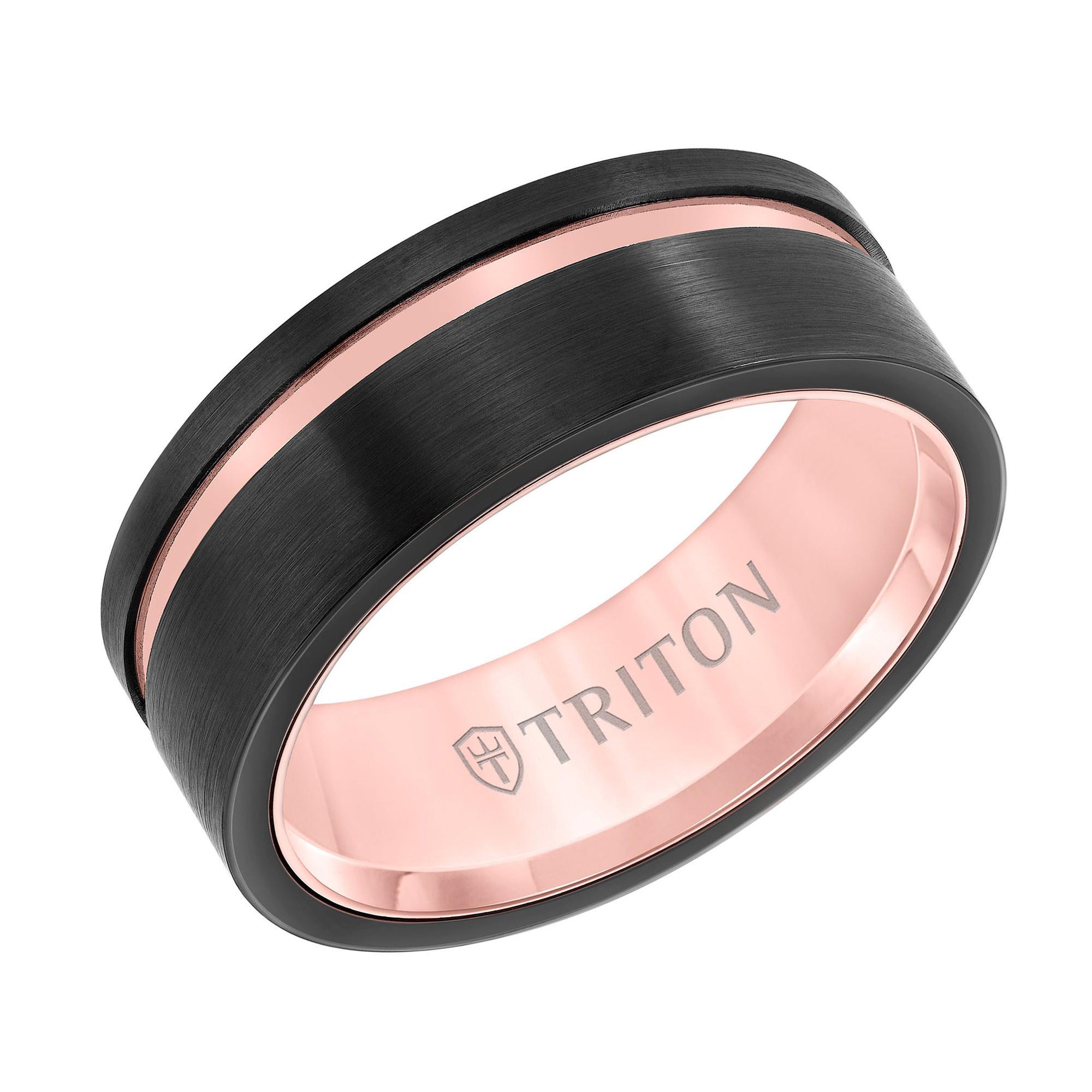 TRITON Black and Rose Tungsten Carbide Asymmetrical Channel Comfort Fit Wedding Band | 8mm - Size 9