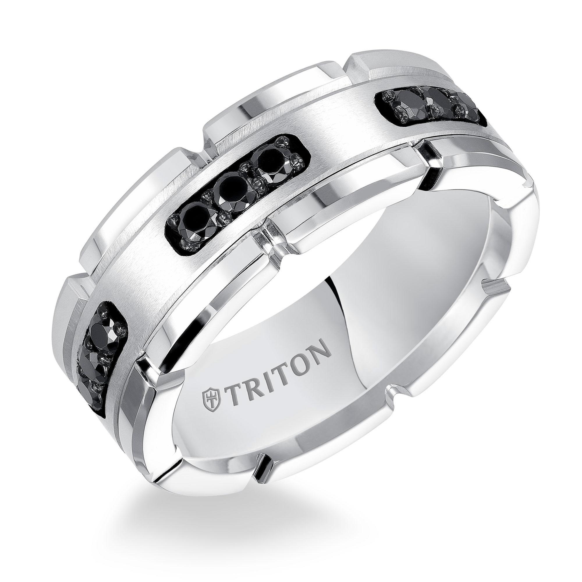 TRITON Treated Black Diamond Accent White Tungsten Carbide Comfort Fit Wedding Band | 8mm | Size 12