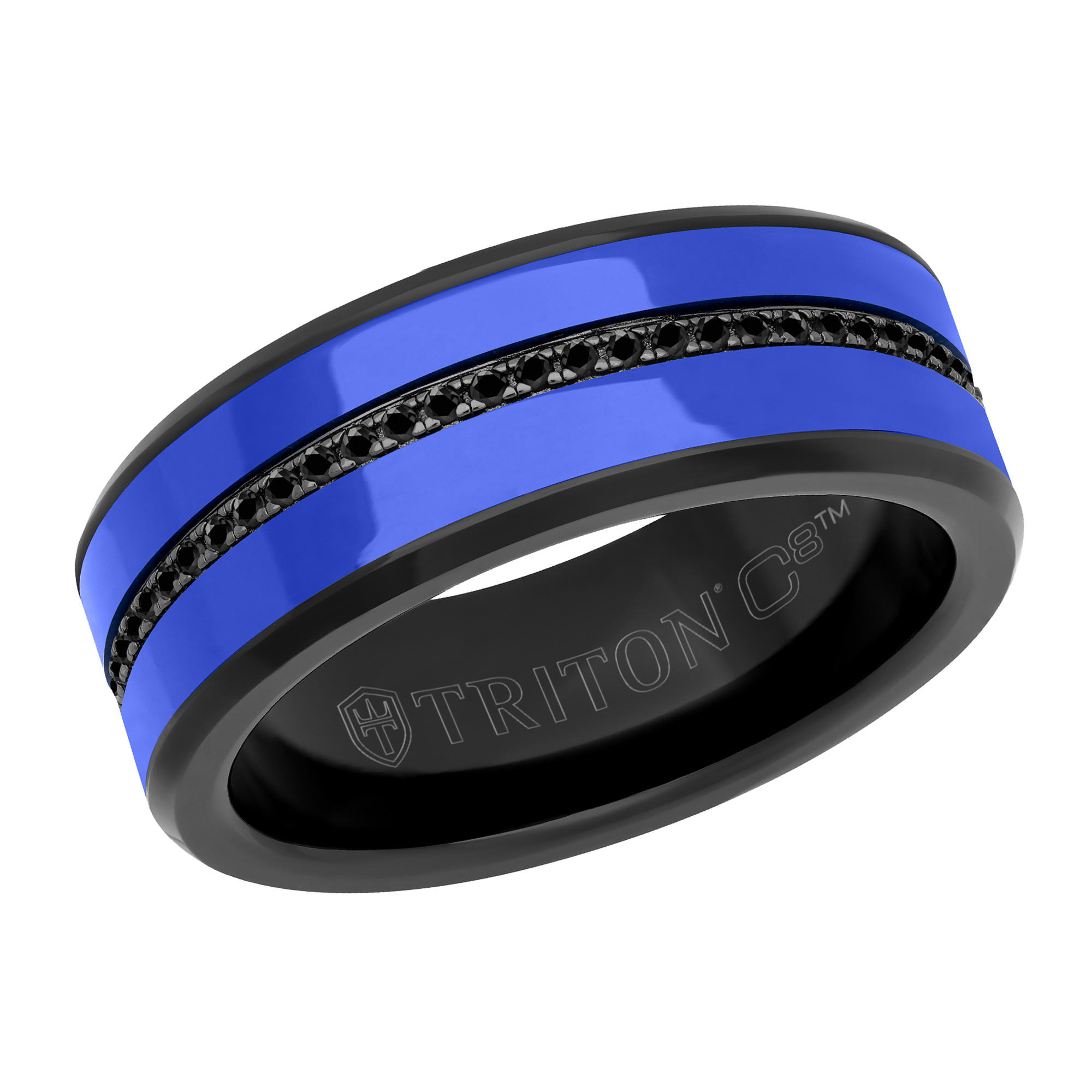 TRITON Black Sapphire, Black Tungsten Carbide, and Blue Ceramic Eternity Comfort Fit Wedding Band | 8mm | Men's | Size 12