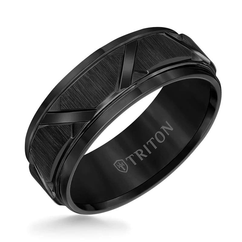 TRITON Black Tungsten Carbide Diagonal Cut Comfort Fit Wedding Band | 8mm | Size 11.5