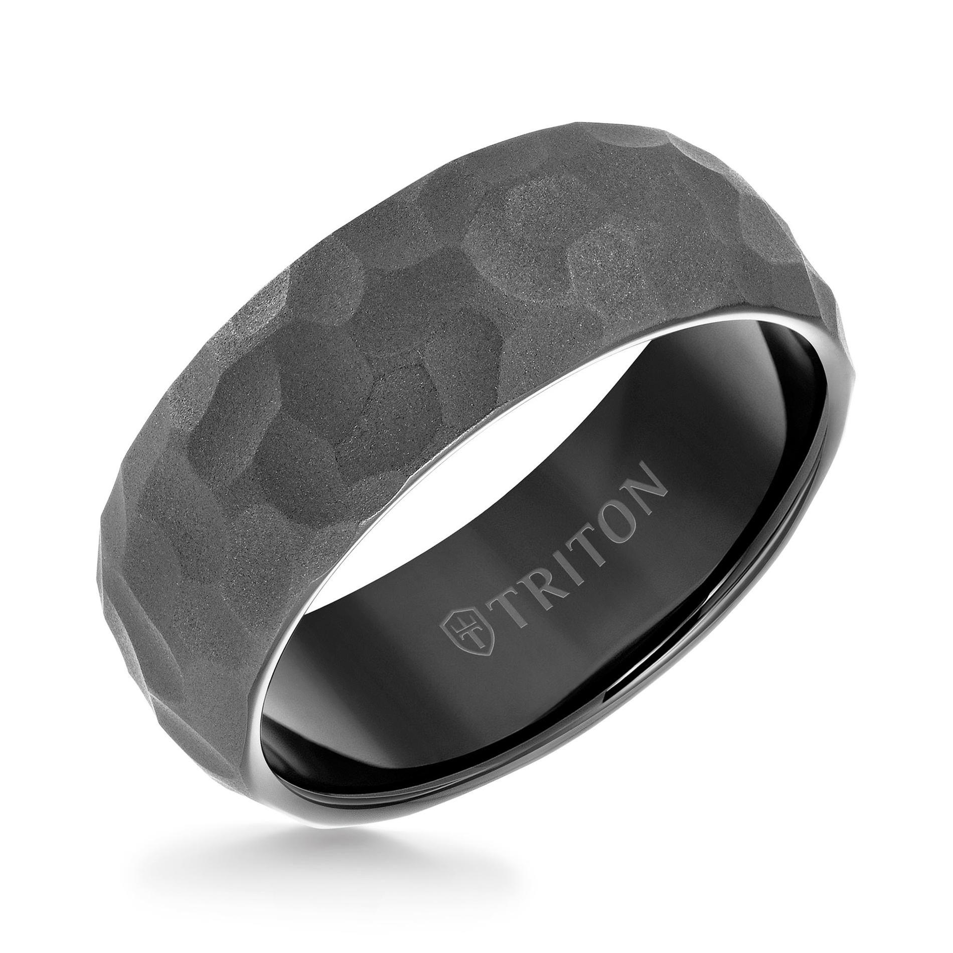 TRITON Black Tungsten Carbide Hammered Comfort Fit Wedding Band | 8mm - Size 12.5