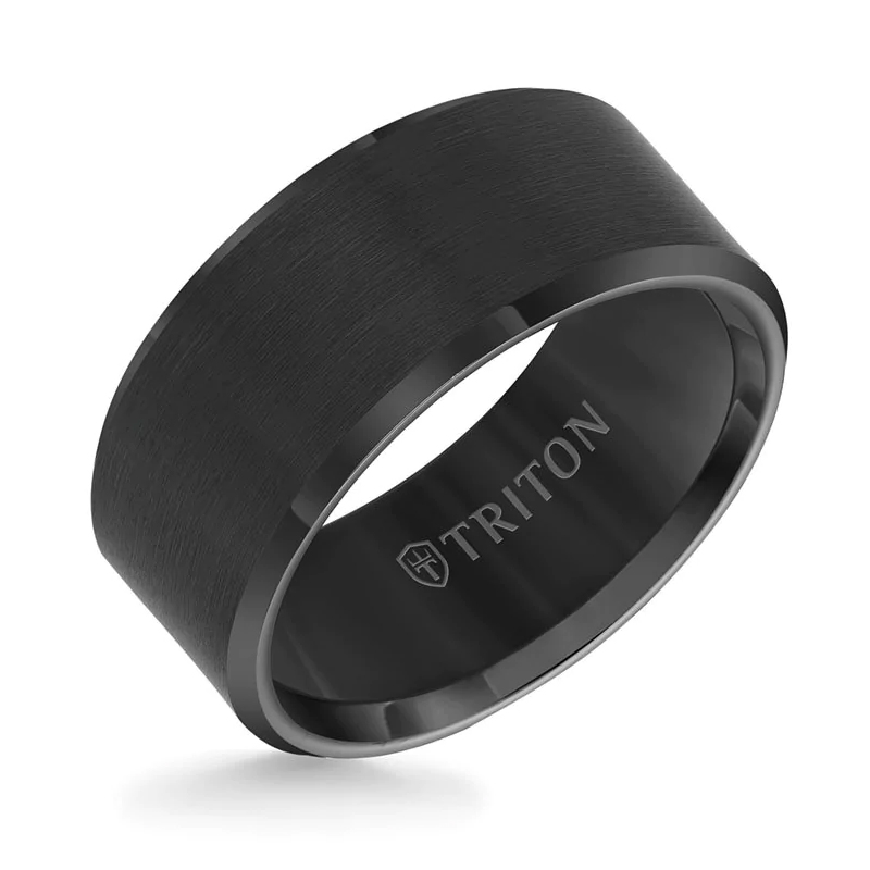 TRITON Black Tungsten Carbide Satin Center Comfort Fit Wedding Band | 10mm | Size 12