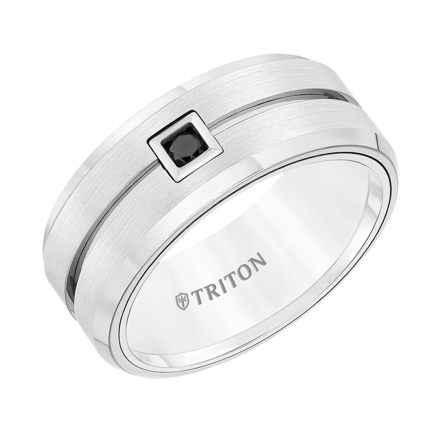 Triton Men's  1/10ct Treated Black Diamond White Tungsten Carbide Comfort Fit Wedding Band 9mm  Ring Size: 9