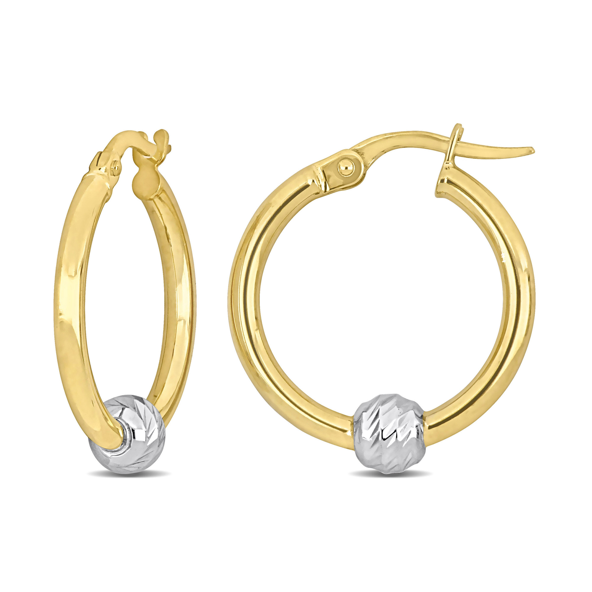 Two-Tone Yellow Gold Hoop with White Gold Bead Earrings