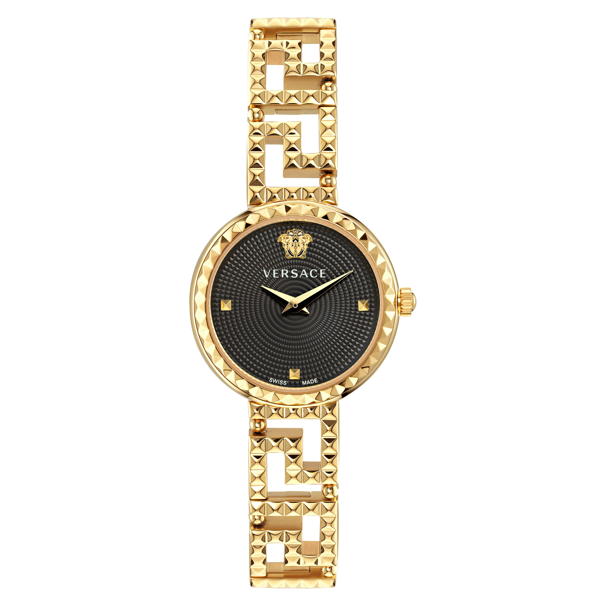 Versace Greca Goddess Black Dial and Ion-Plated Yellow Gold Bracelet Watch 28mm - VE7A00423 1650$