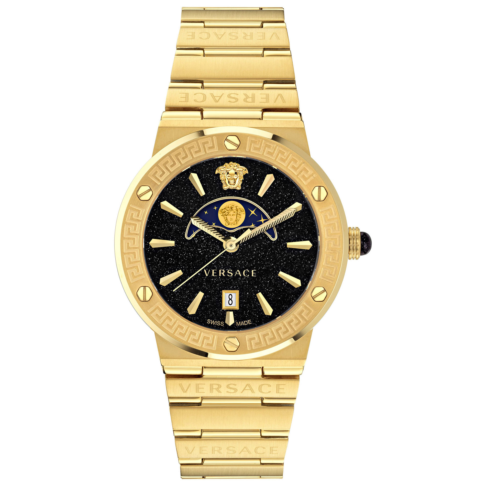 Greca Logo Moon phase Black Dial Gold Stainless Steel Bracelet Watch | 38mm | - Versace VE7G00323