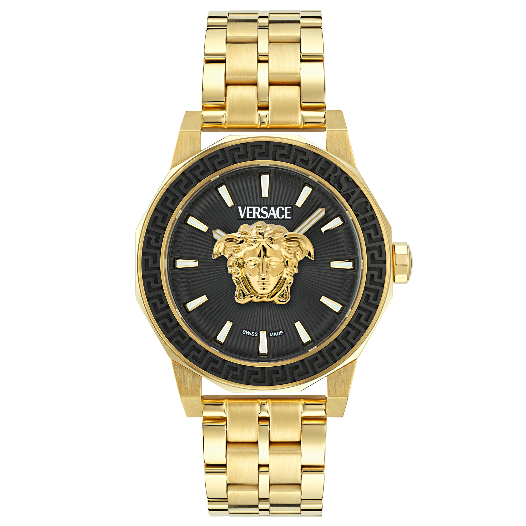 Medusa Deco Black Guilloche Dial Gold-Tone Bracelet Watch 43mm - Versace VE9I00424