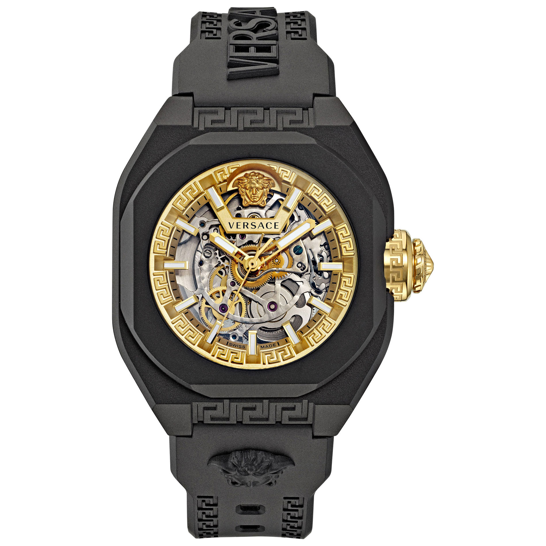 Versace V-Legend Skeleton Gold Dial Black Silicone Strap Watch | 42mm | VE7L00123