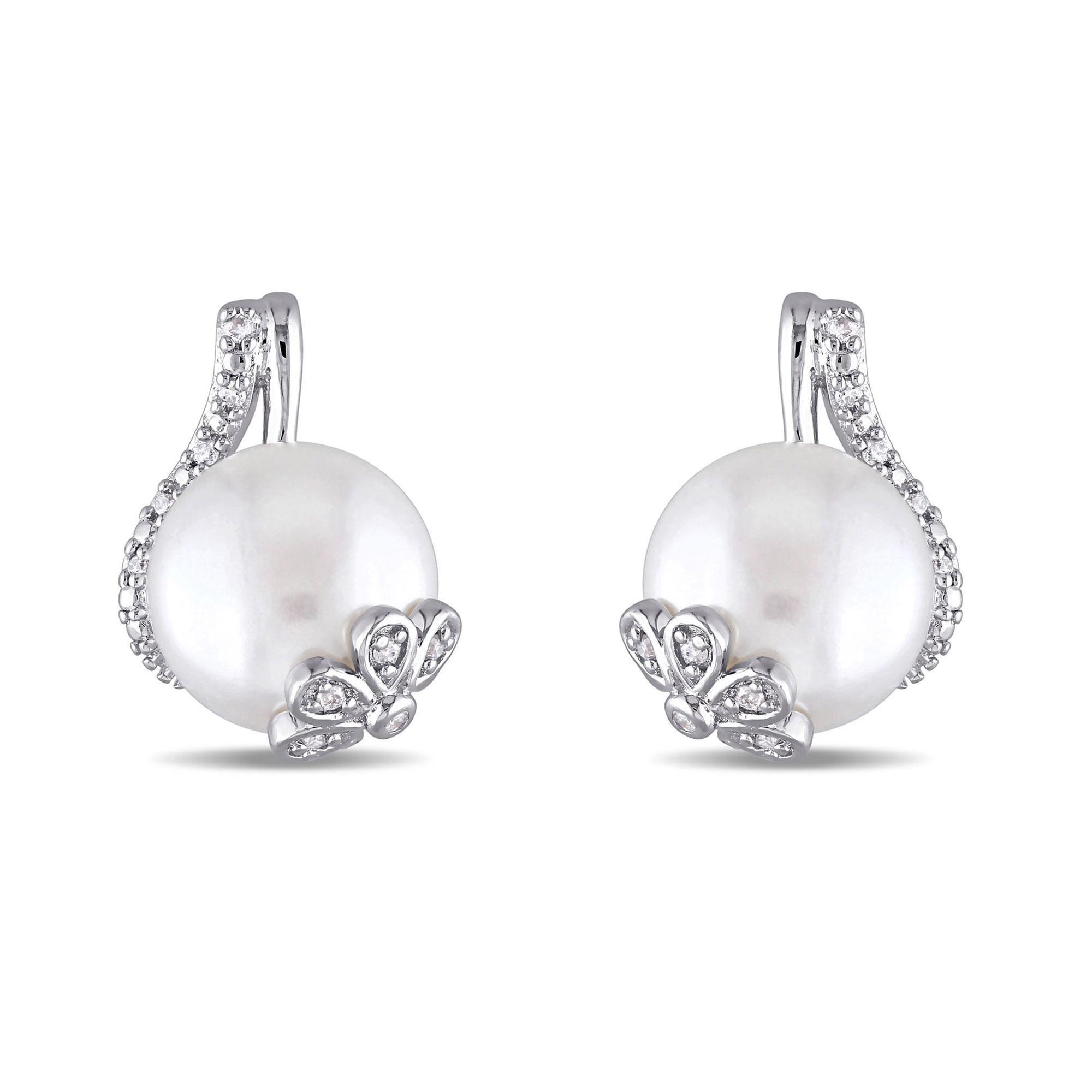 White Freshwater Cultured Pearl and Diamond Floral Earrings in Sterling Silver 1/10ctw