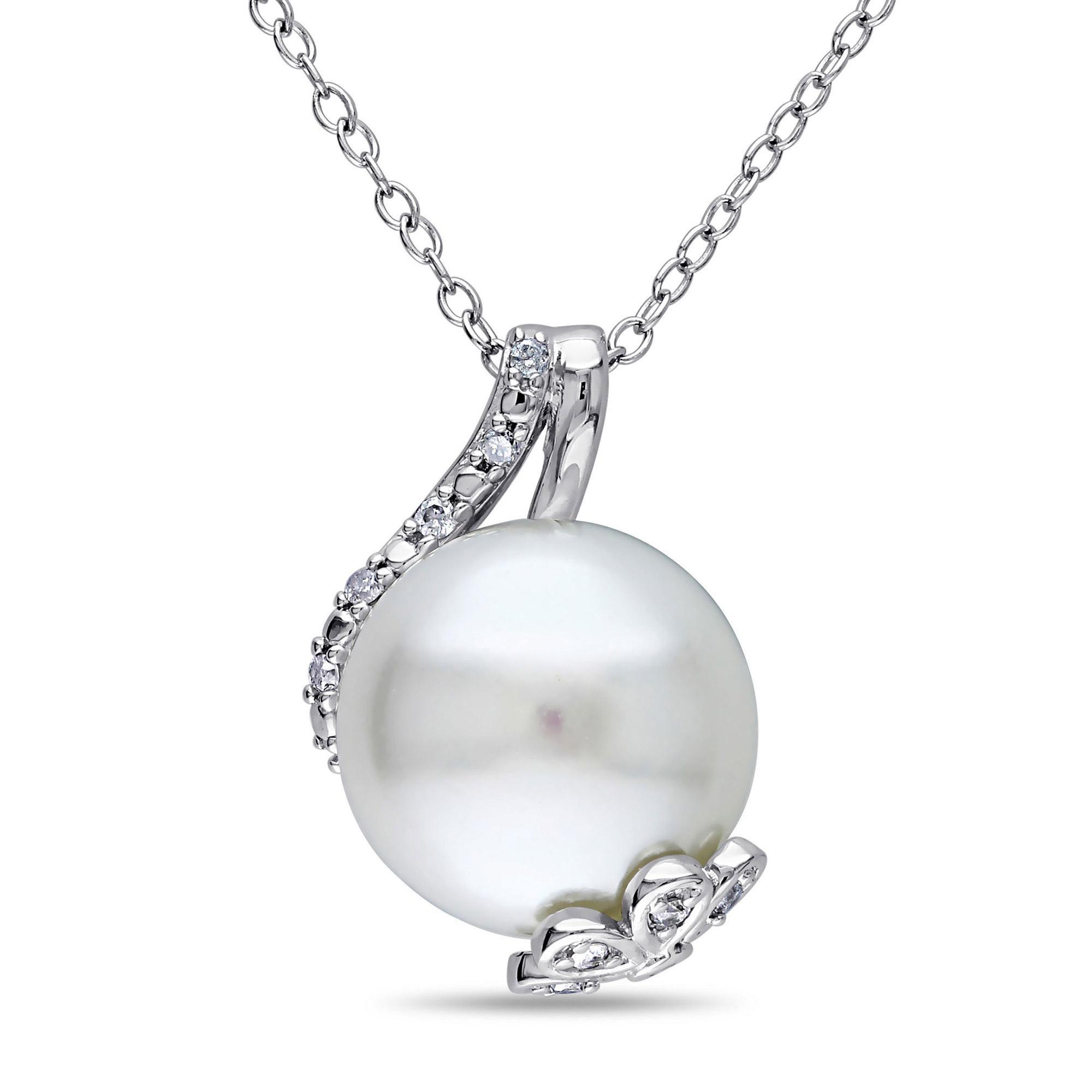 White Freshwater Cultured Pearl and Diamond Sterling Silver Floral Necklace 1/10ctw