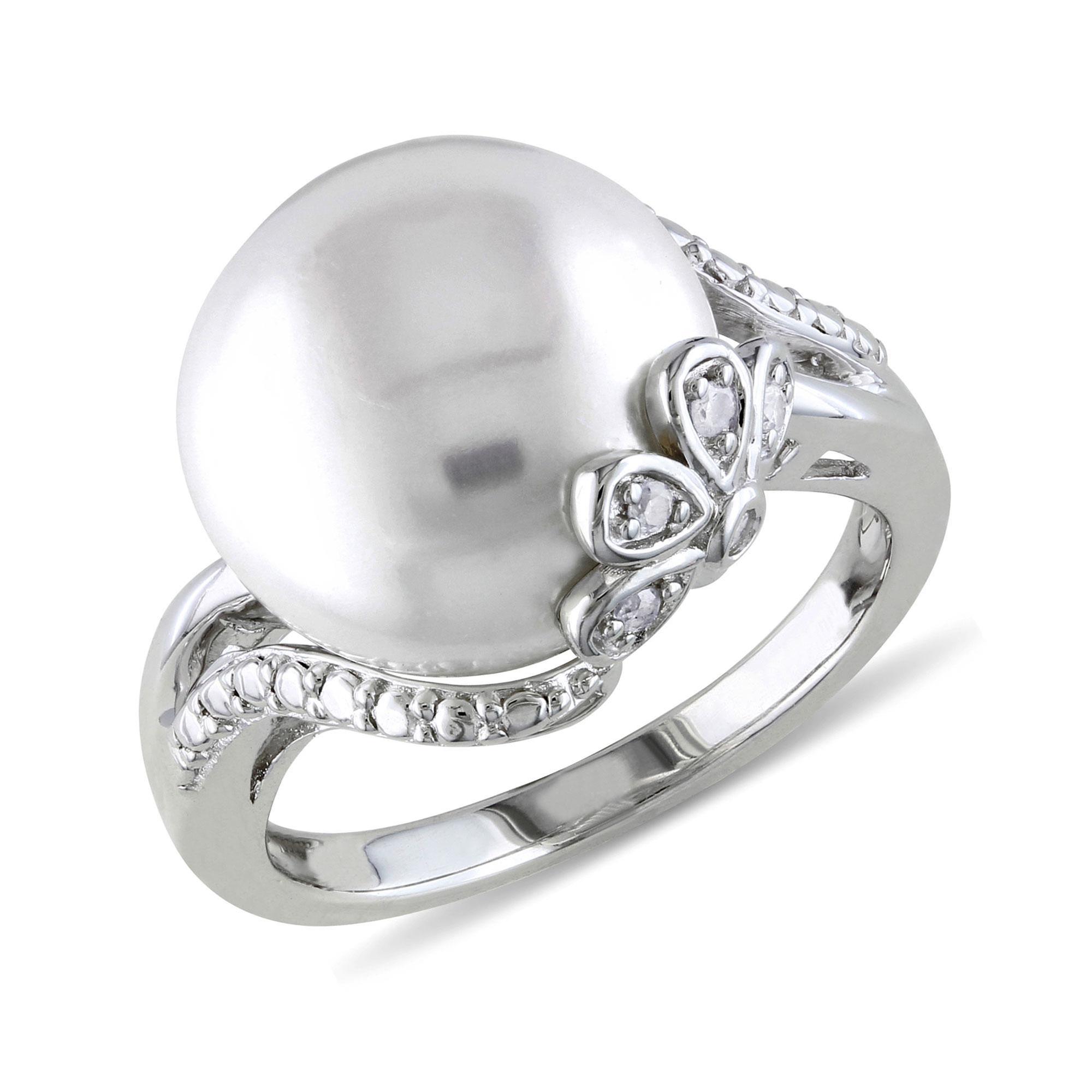 White Freshwater Cultured Pearl and Diamond Sterling Silver Floral Ring 1/20ctw- Size 7