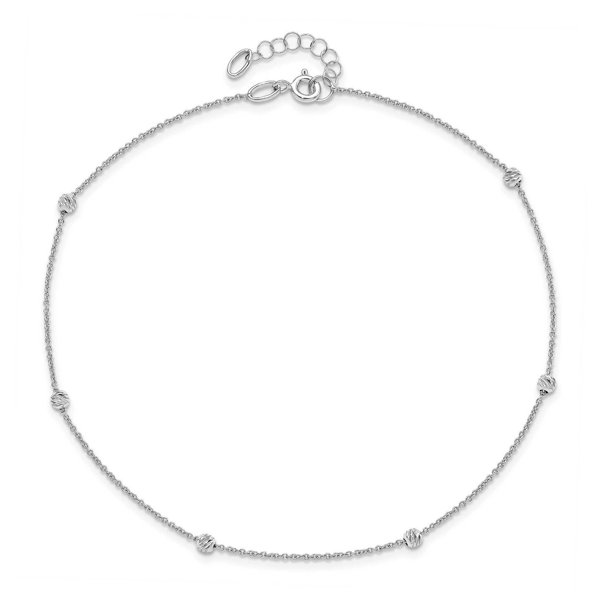 White Gold Diamond-Cut Bead Station Anklet