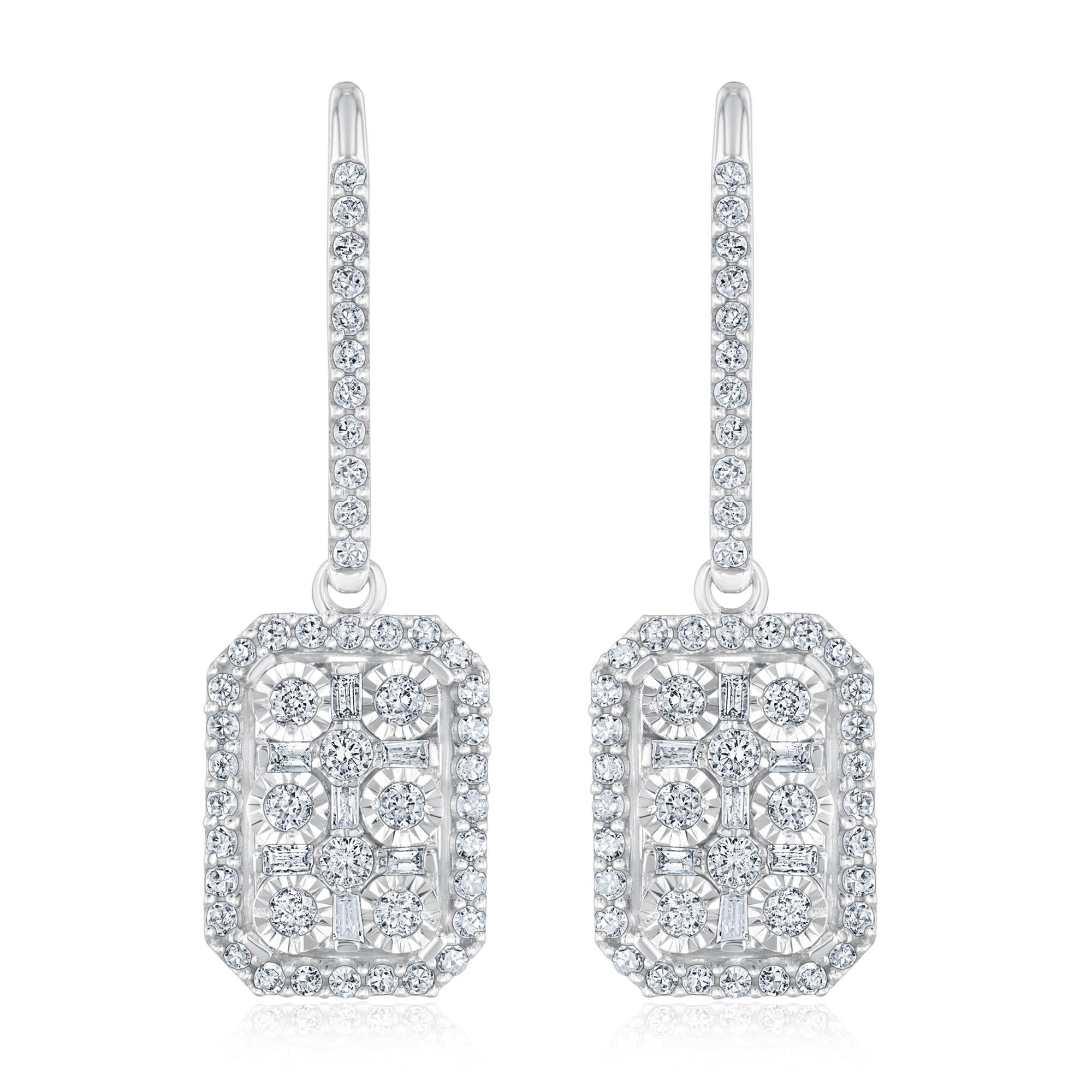 White Gold Round and Baguette Diamond Drop Earrings 1/2ctw