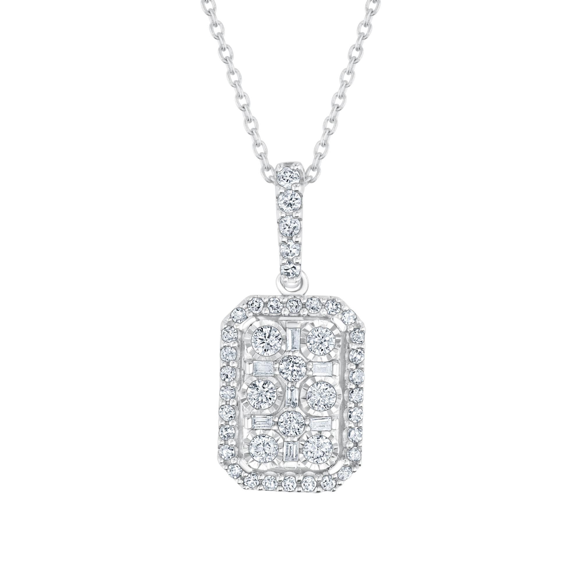 White Gold Round and Baguette Diamond Pendant Necklace 1/3ctw