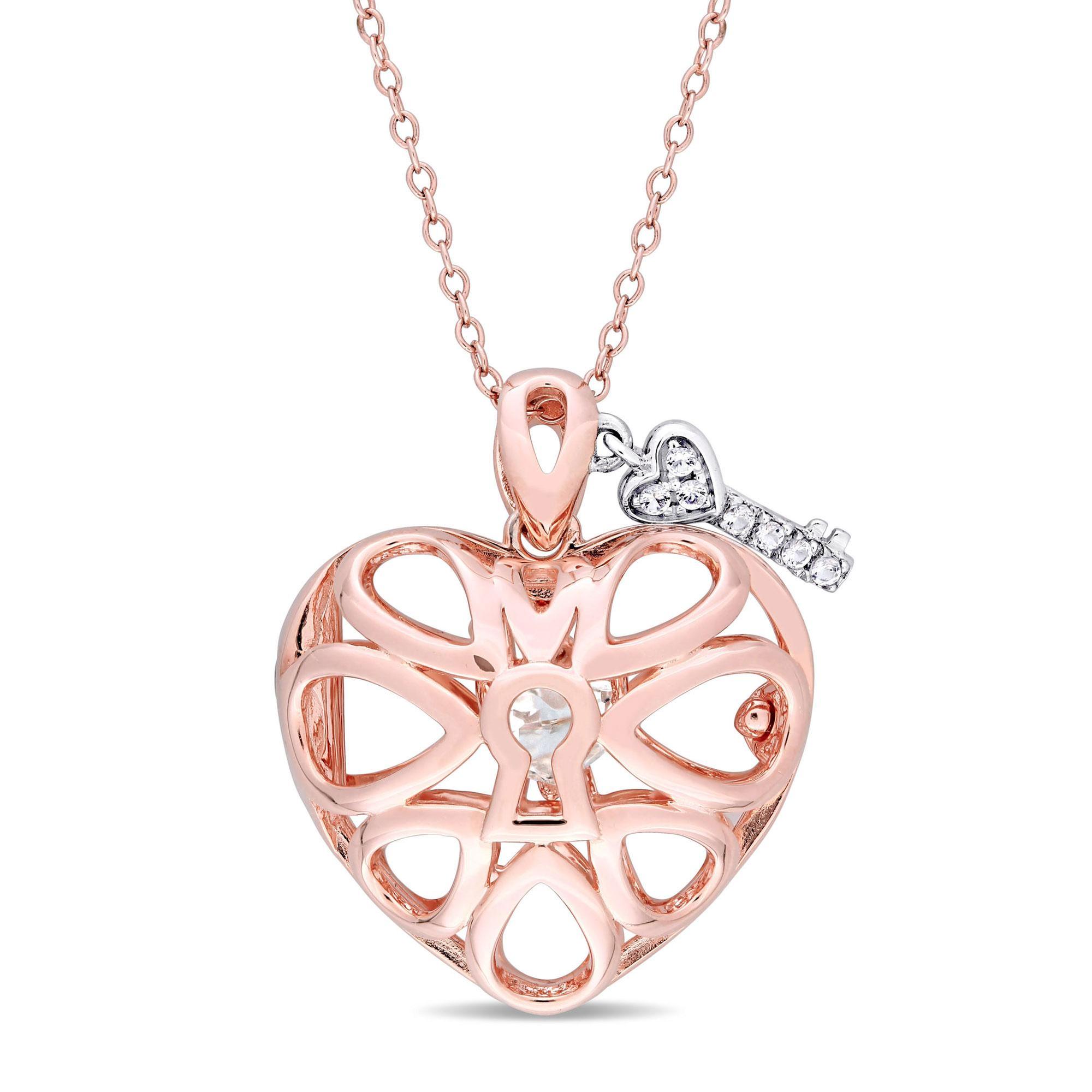 White Topaz Floating Heart and Key Rose Gold-Plated Locket