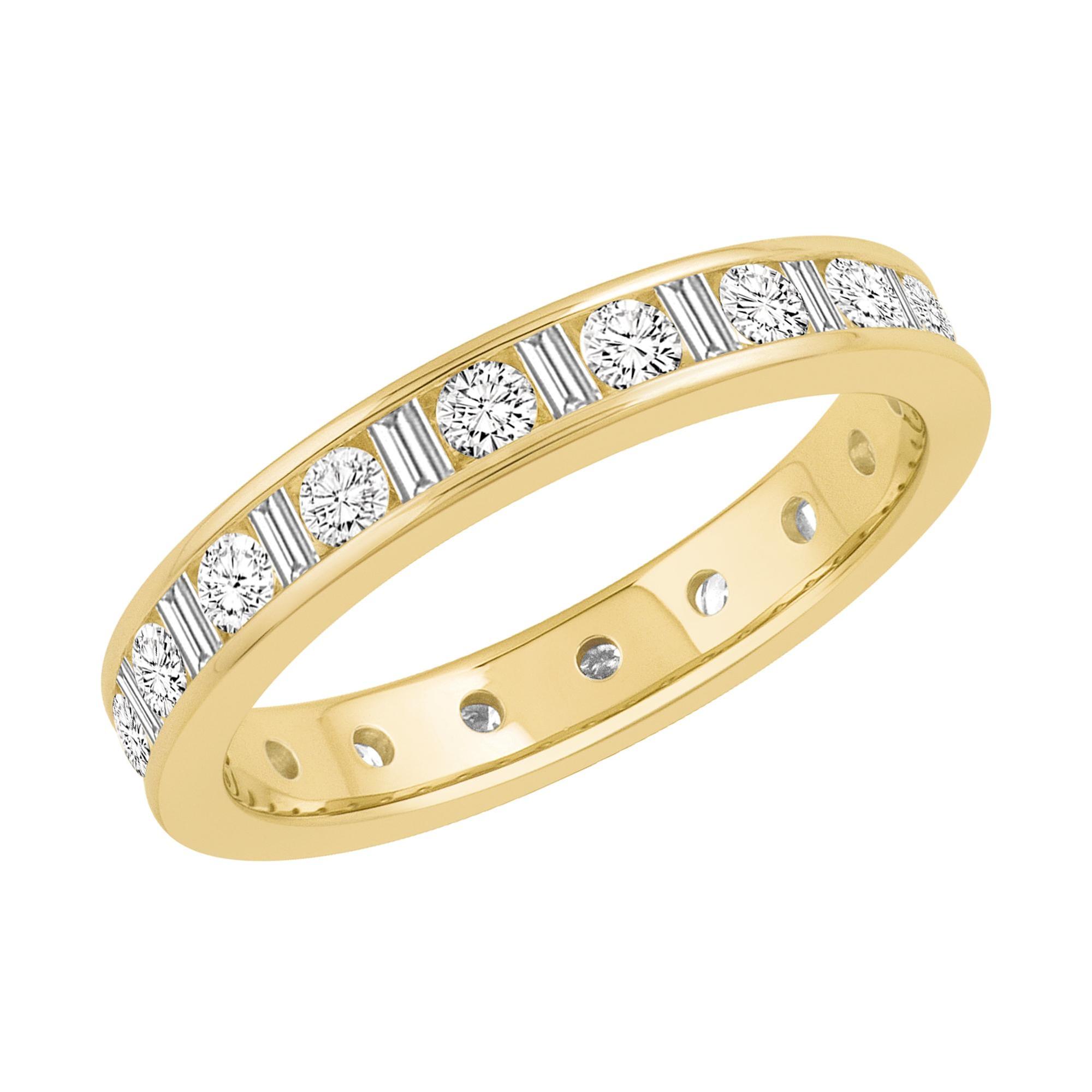 Yellow Gold Channel Set Round and Baguette Diamond Eternity Band 1ctw