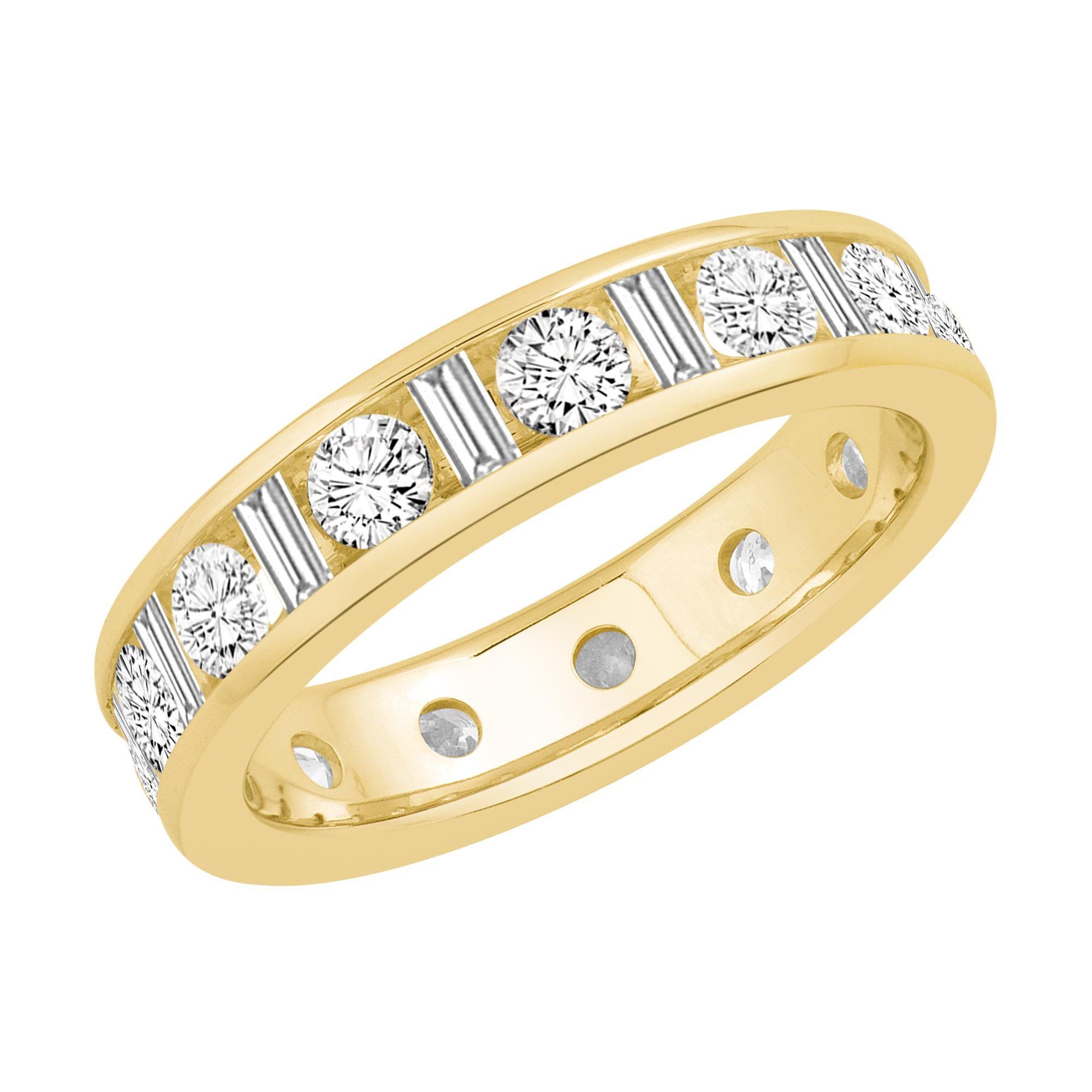 Yellow Gold Channel Set Round and Baguette Diamond Eternity Band 2ctw