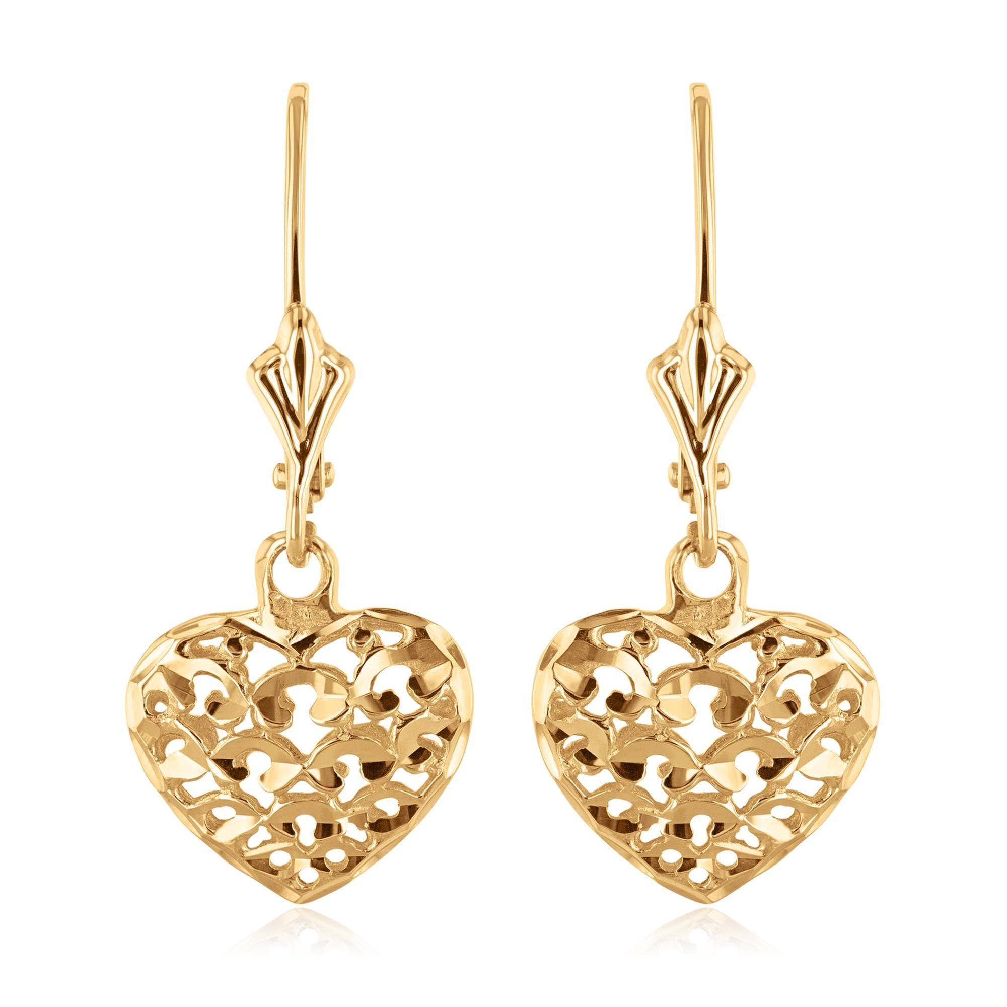 Yellow Gold Diamond-Cut Puffed Heart Leverback Earrings