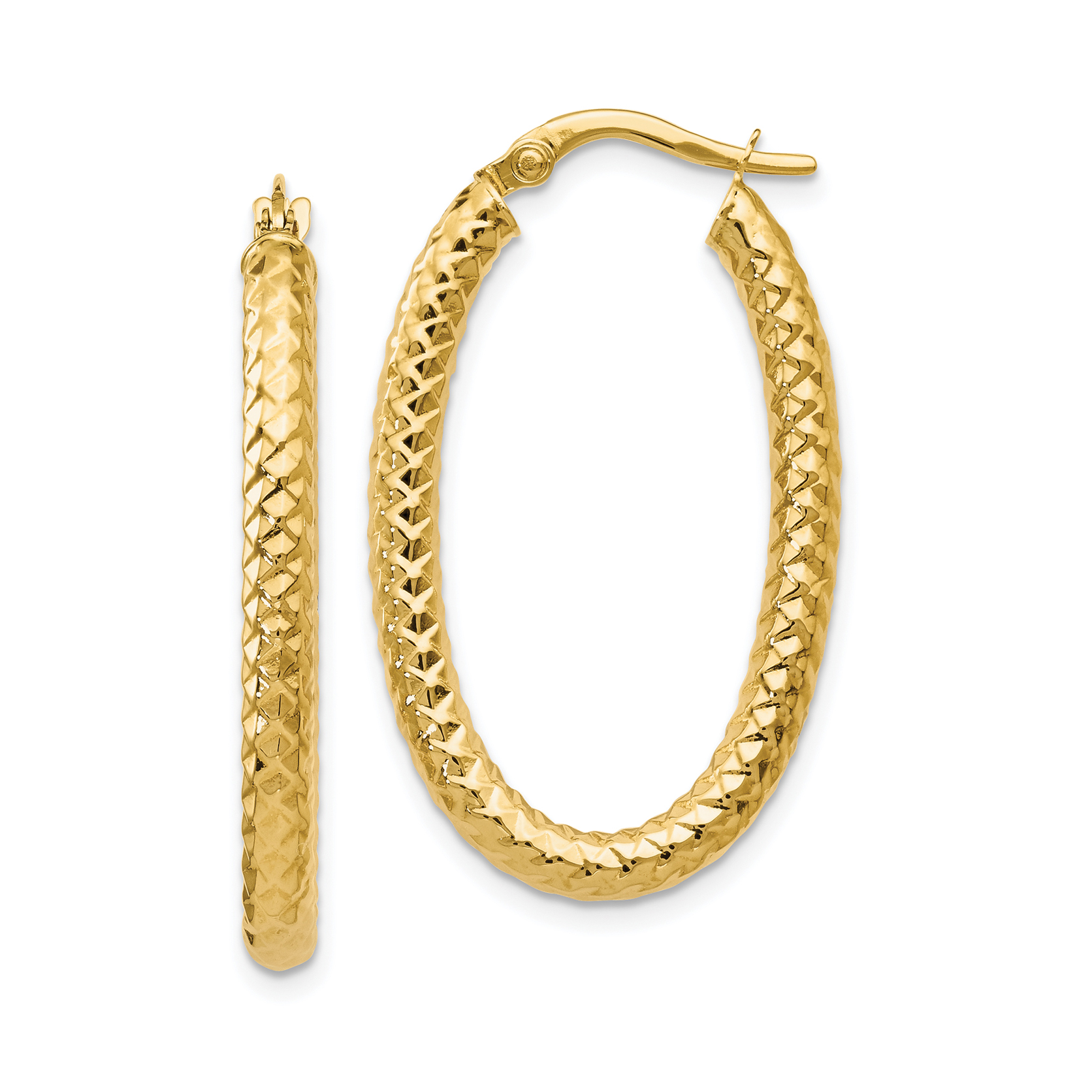 Yellow Gold Foreverlite Hollow Polished and Textured Oval Hoop Earrings