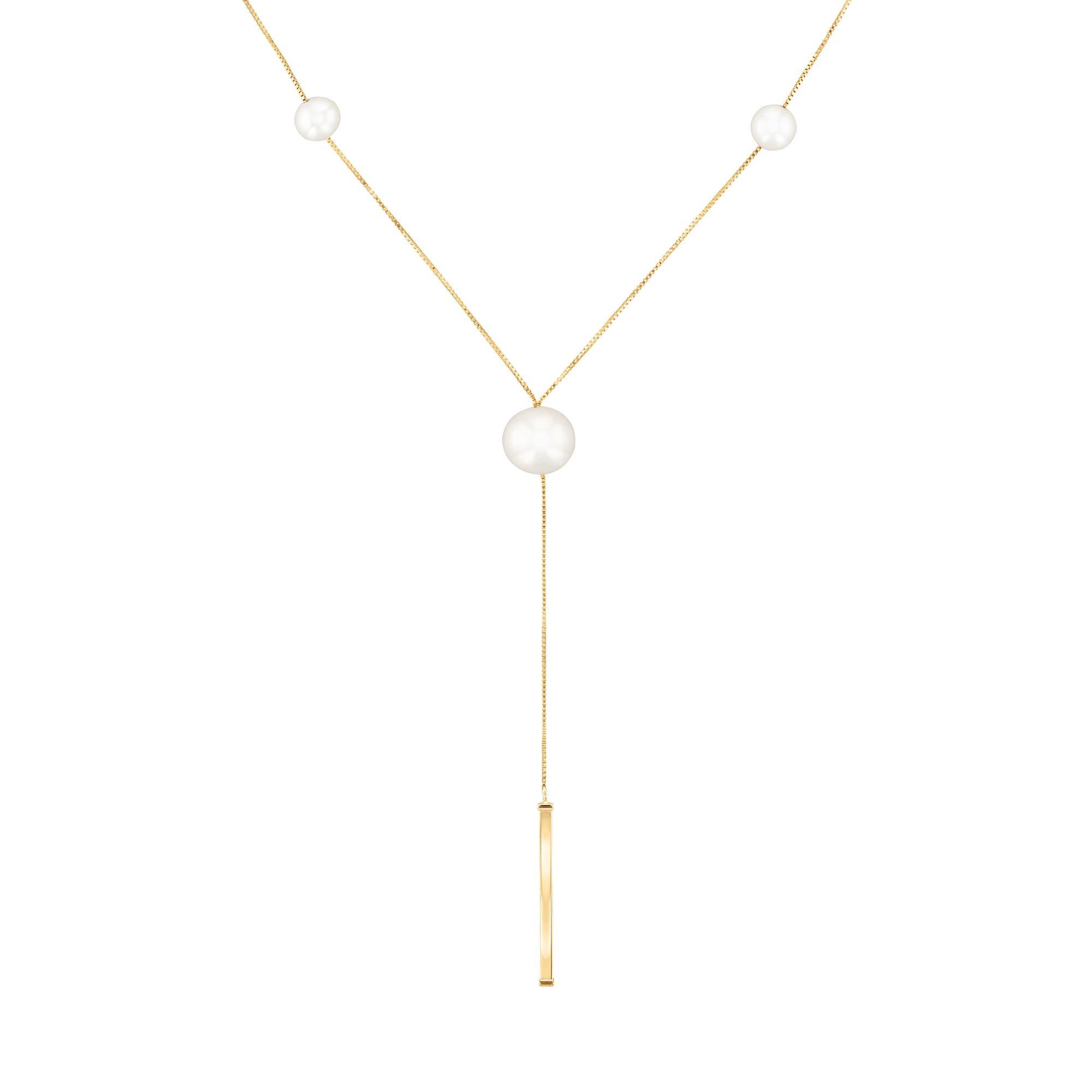 Yellow Gold Freshwater Cultured Pearl and Bar Y Necklace