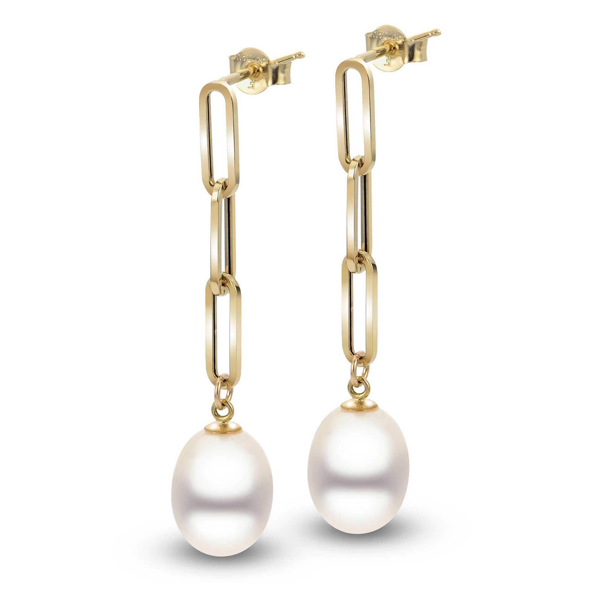Yellow Gold Freshwater Cultured Pearl Paperclip Chain Drop Earrin