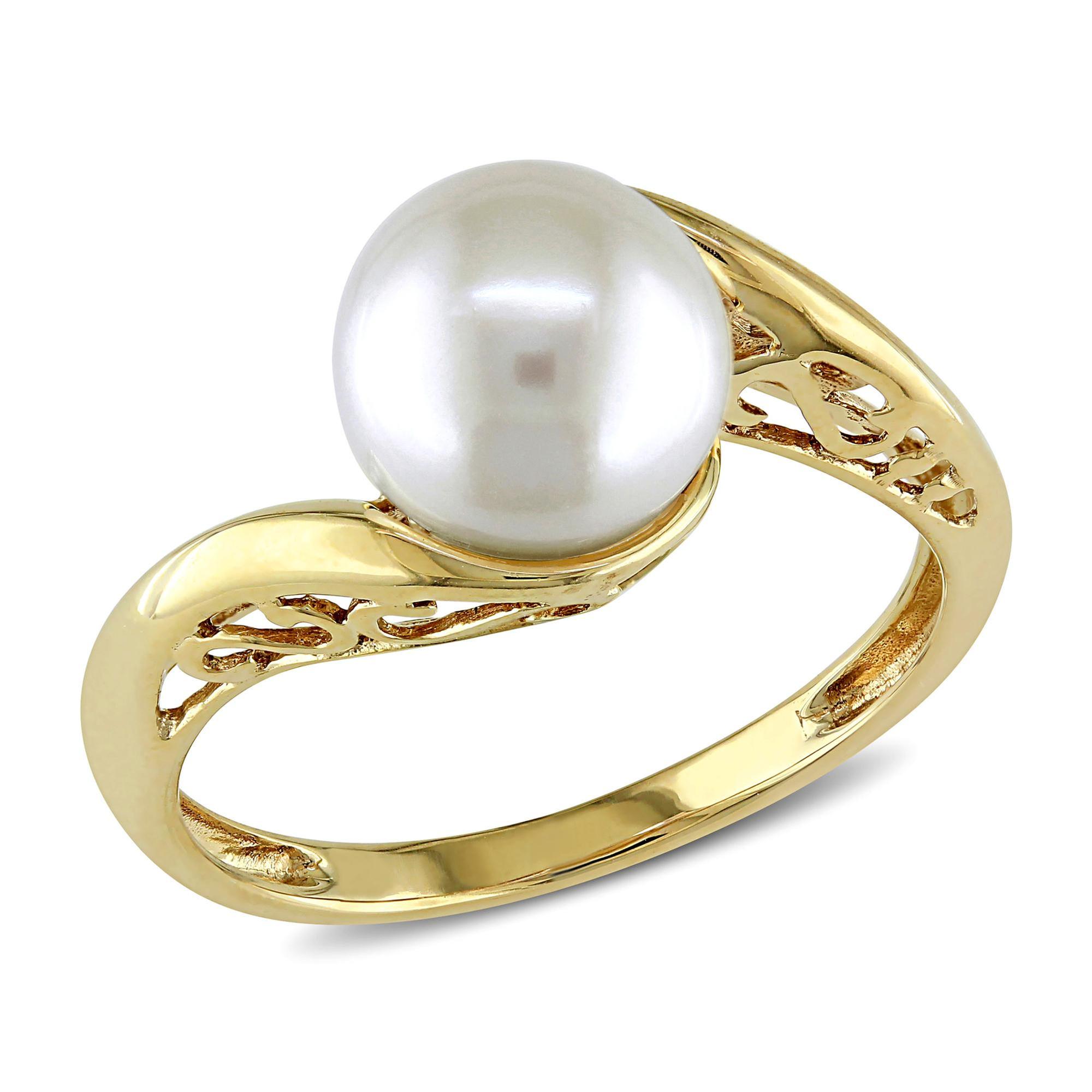 Yellow Gold Freshwater Cultured White Pearl Bypass Ring - Size 9