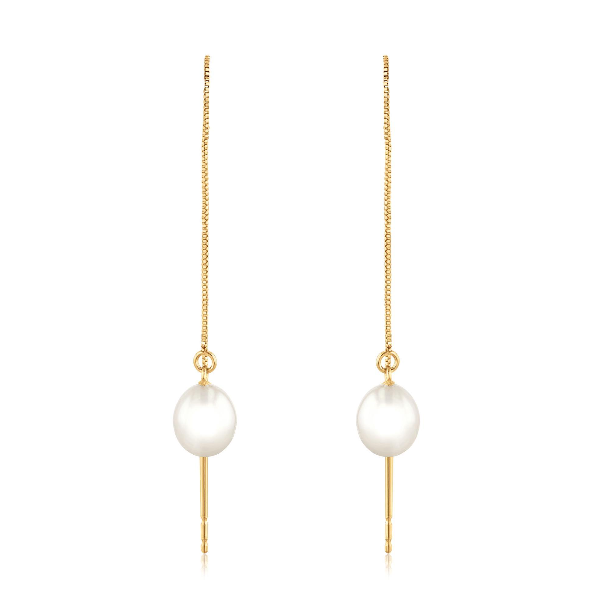 Yellow Gold Oval Freshwater Cultured Pearl Threader Earrings