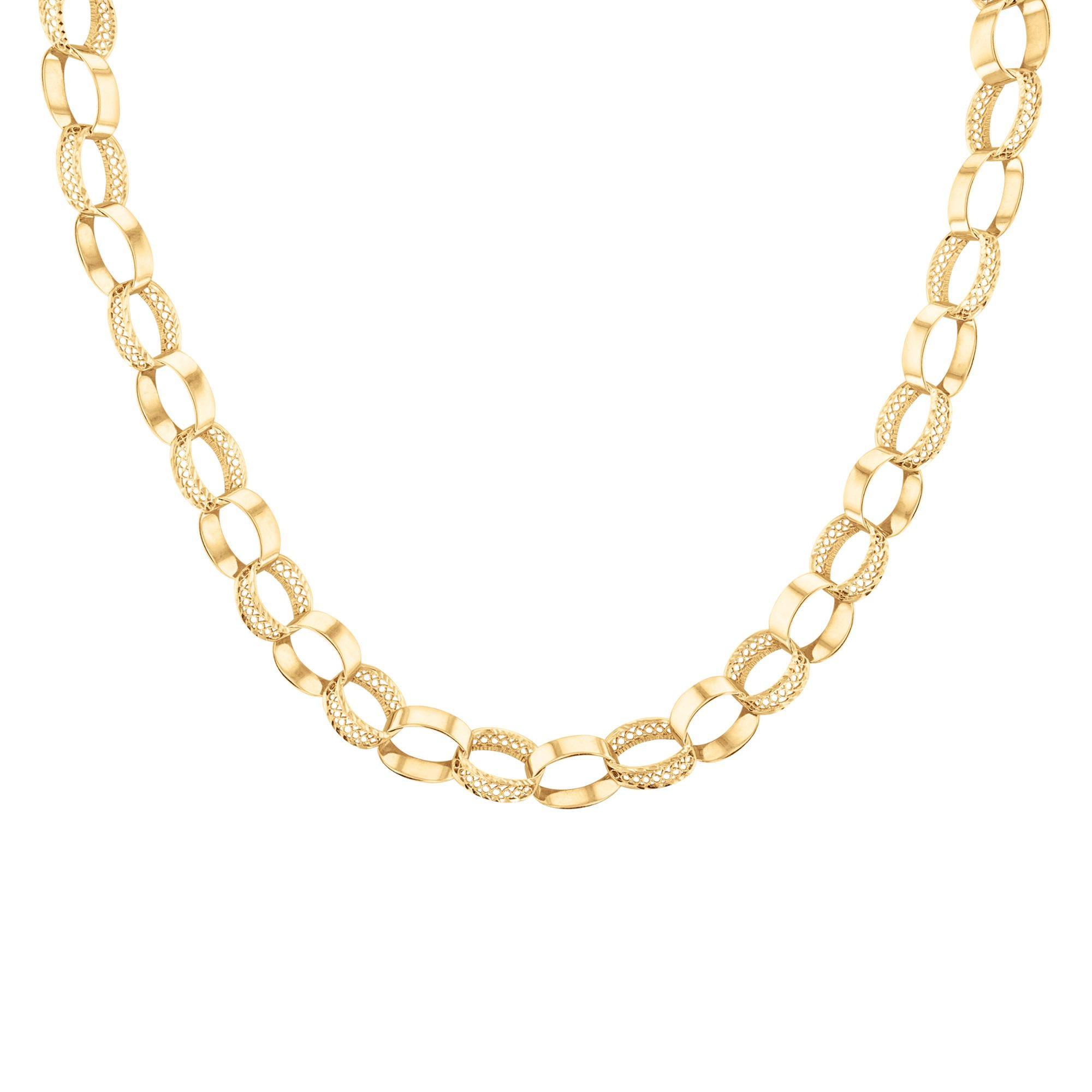 Yellow Gold Oval Mesh and Polished Link Chain Necklace 11mm - 18 